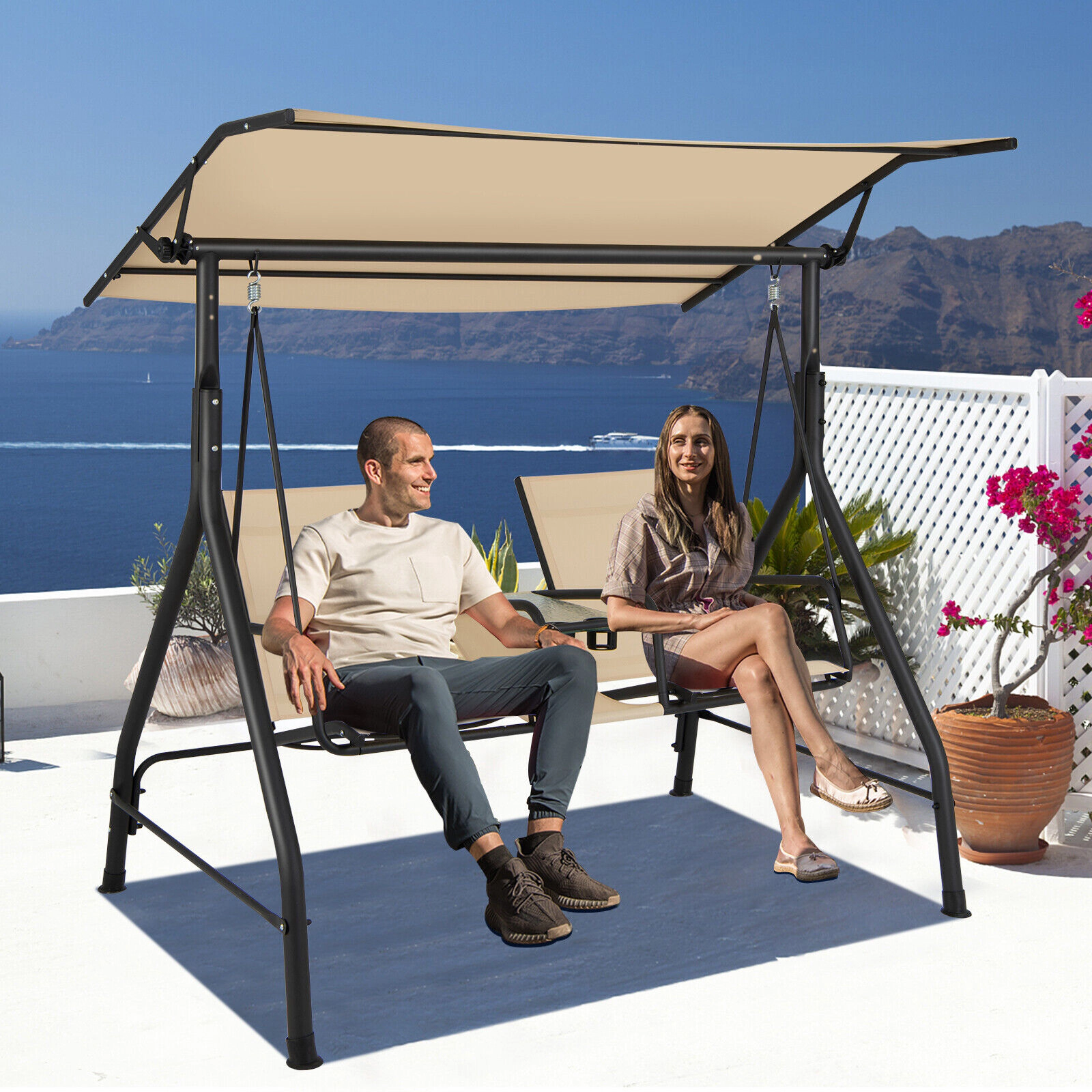 SUGIFT 2-Seat Outdoor Cushioned Porch Swing with Adjustable Canopy and Tempered Glass Table 530-lb Capacity Beige