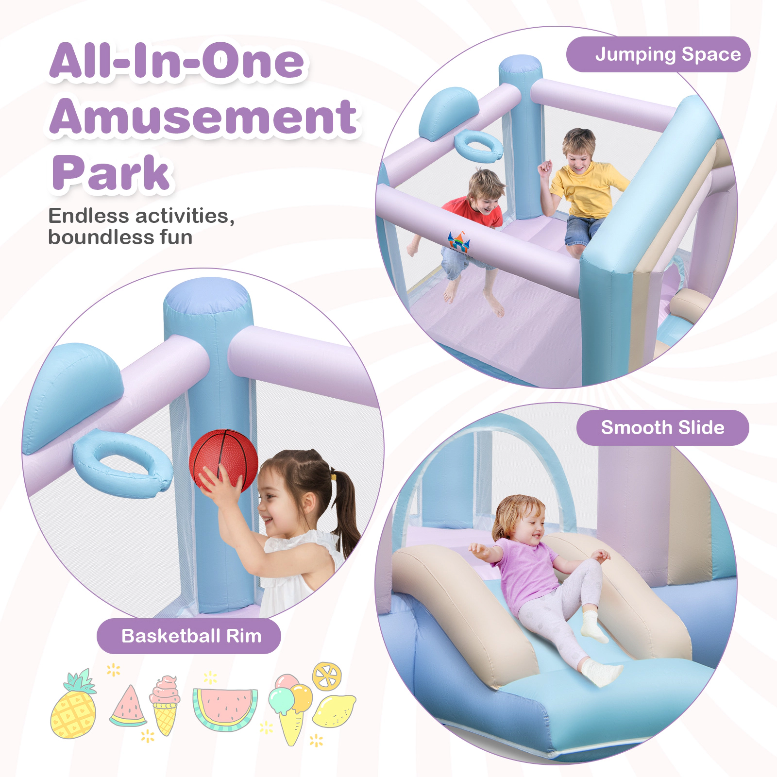 Hivvago Kids Bounce House with Slide and Basketball Rim Bouncy Castle for Party with 480W Blower