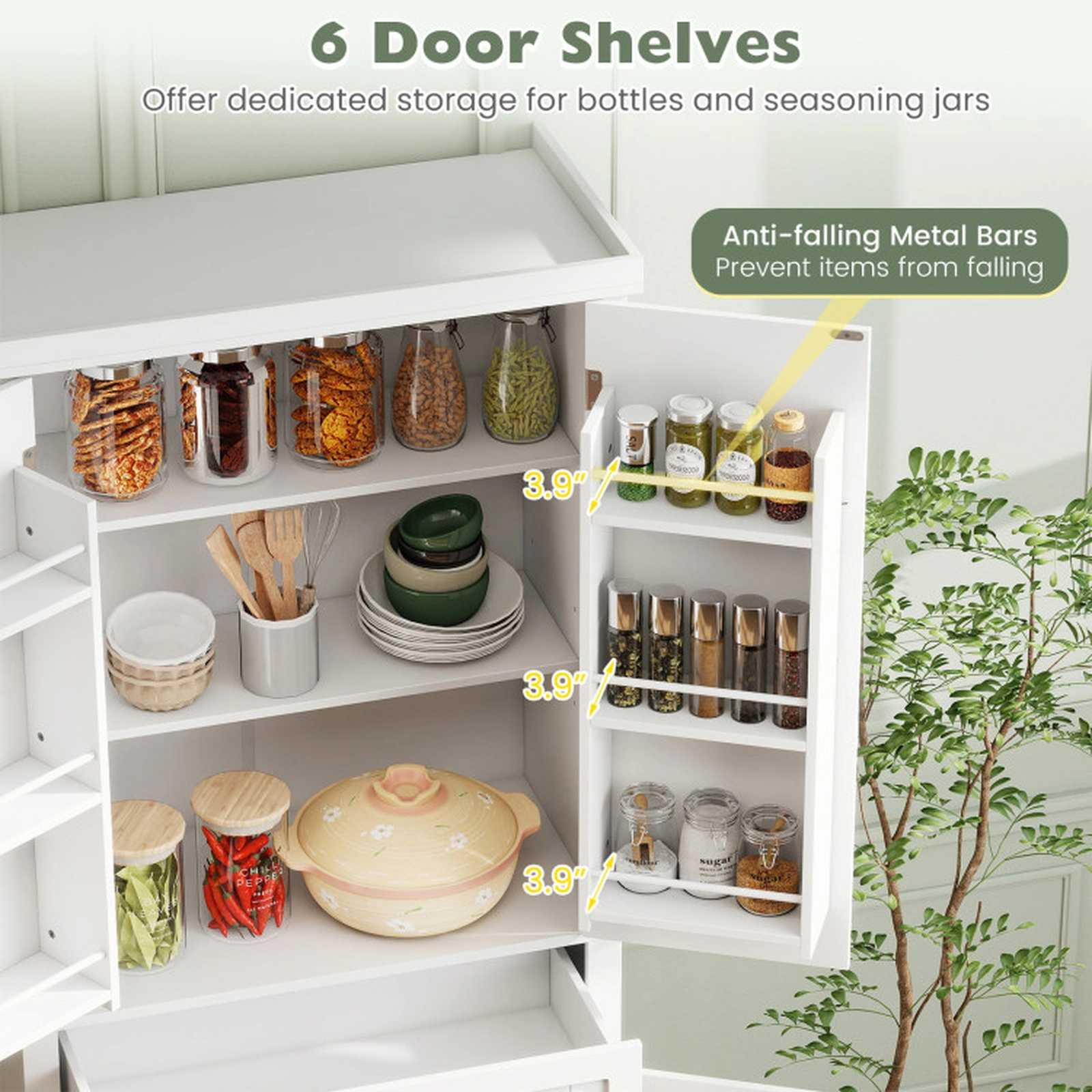 SUGIFT Tall Kitchen Pantry Storage Cabinet with 4 Fluted Doors Drawer 22-lb Shelf Capacity 11-lb Drawer Capacity White