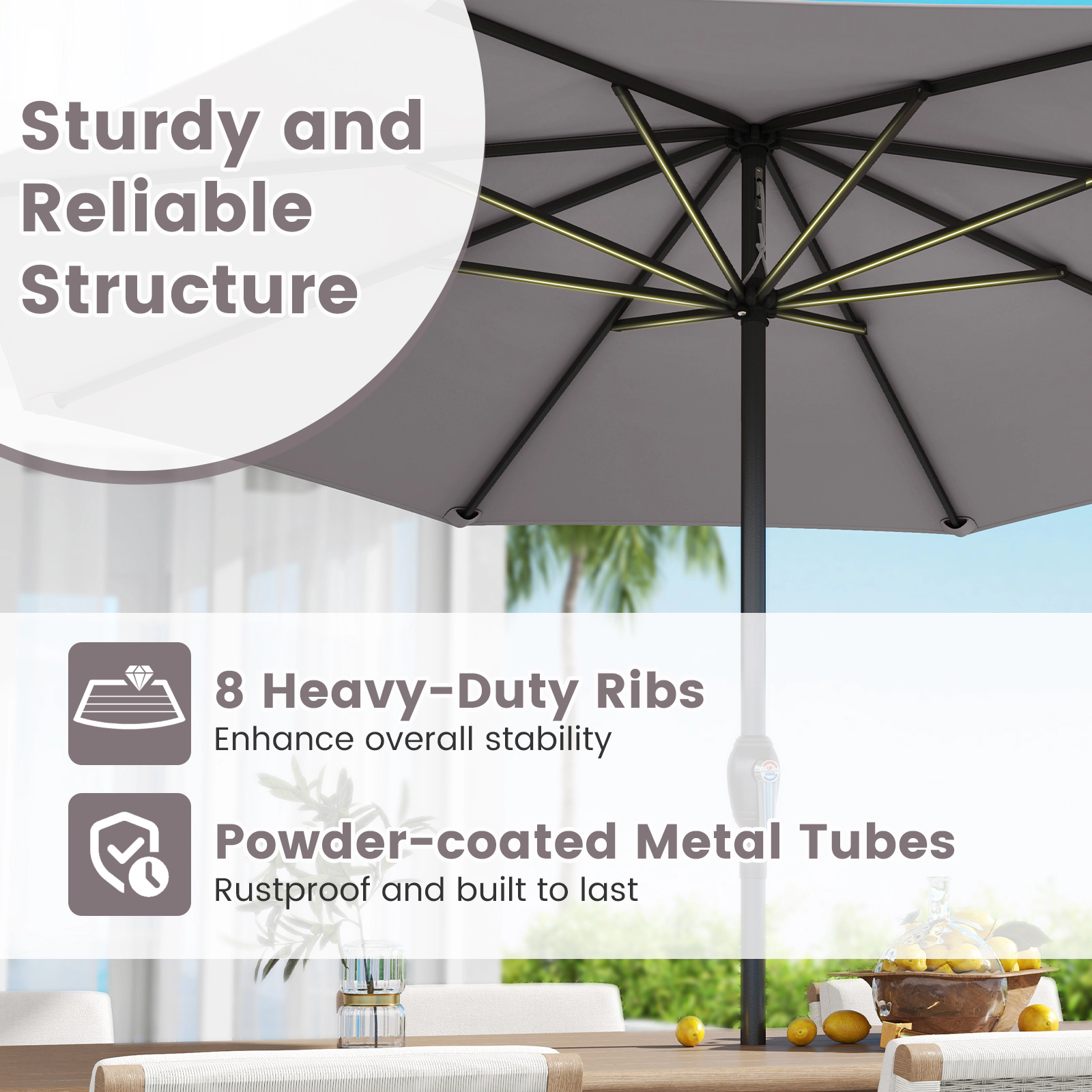 SUGIFT Powder-Coated Heavy Duty Market Patio Umbrella with Crank Handle and 8 Metal Ribs 9.5-lb Net Weight Gray