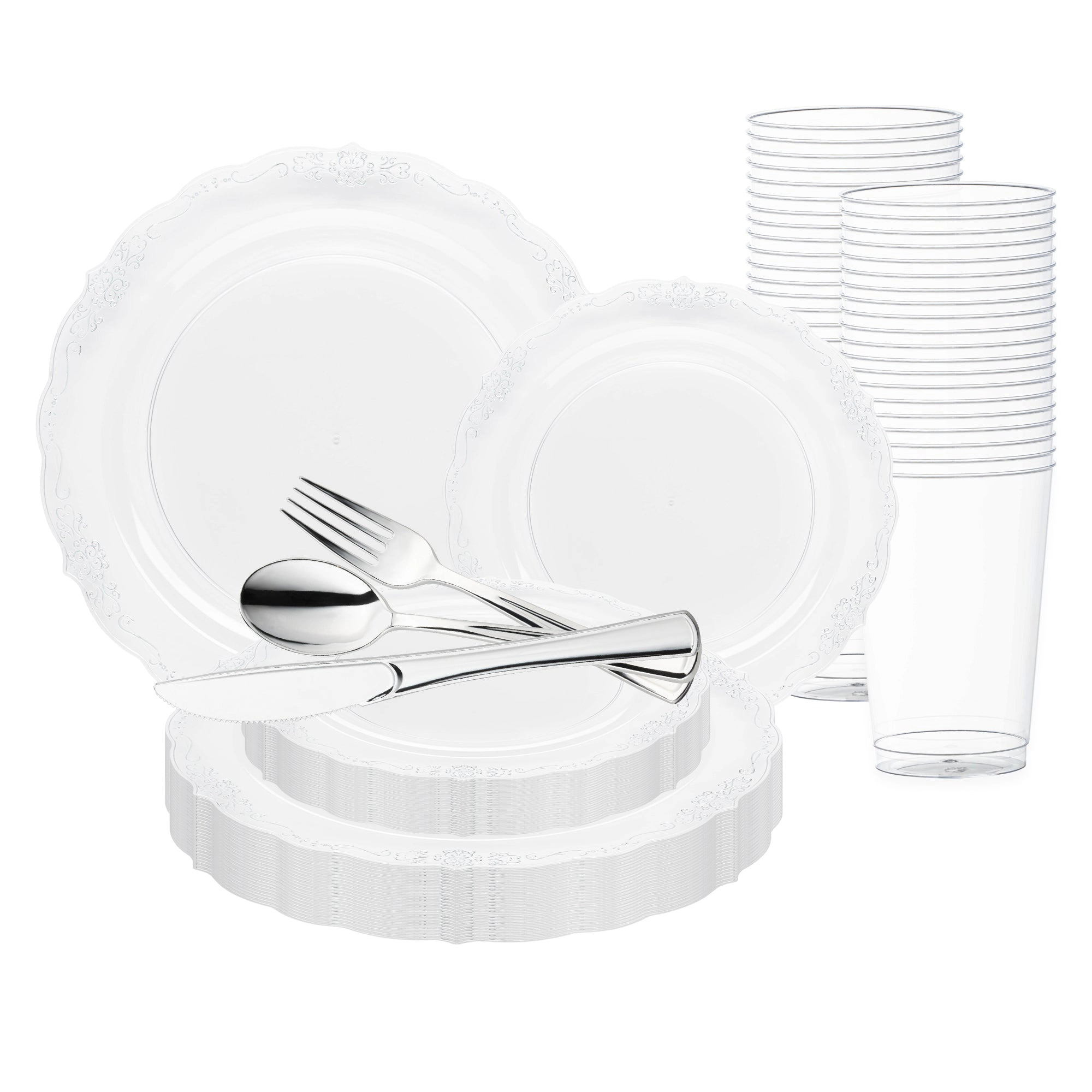 Smarty Had A Party Clear with Silver Vintage Rim Round Disposable Plastic Wedding Value Set
