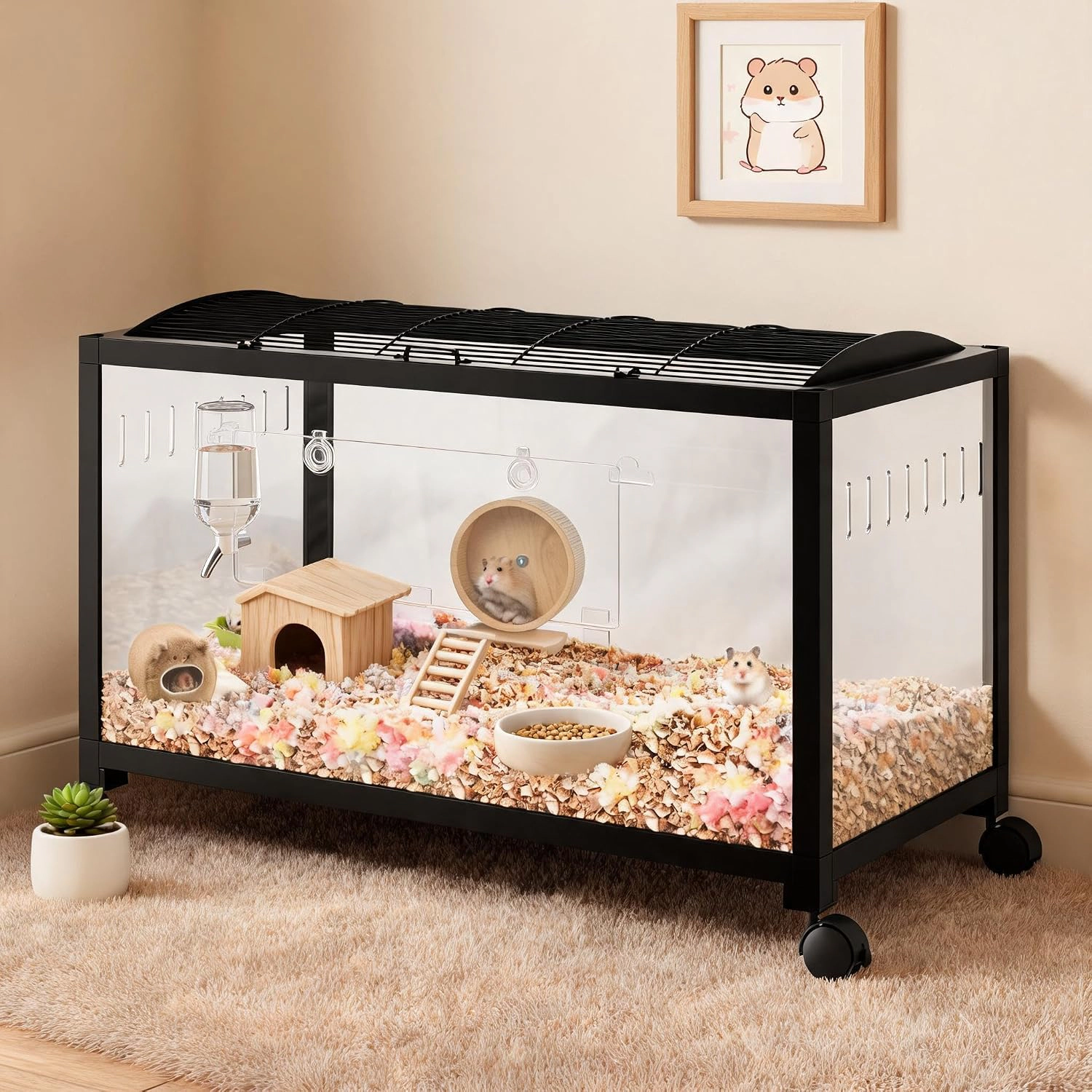 Large Chew-Proof Hamster Rat Cage with Wheels, Plastic-Metal Small Animal Habitat, Black