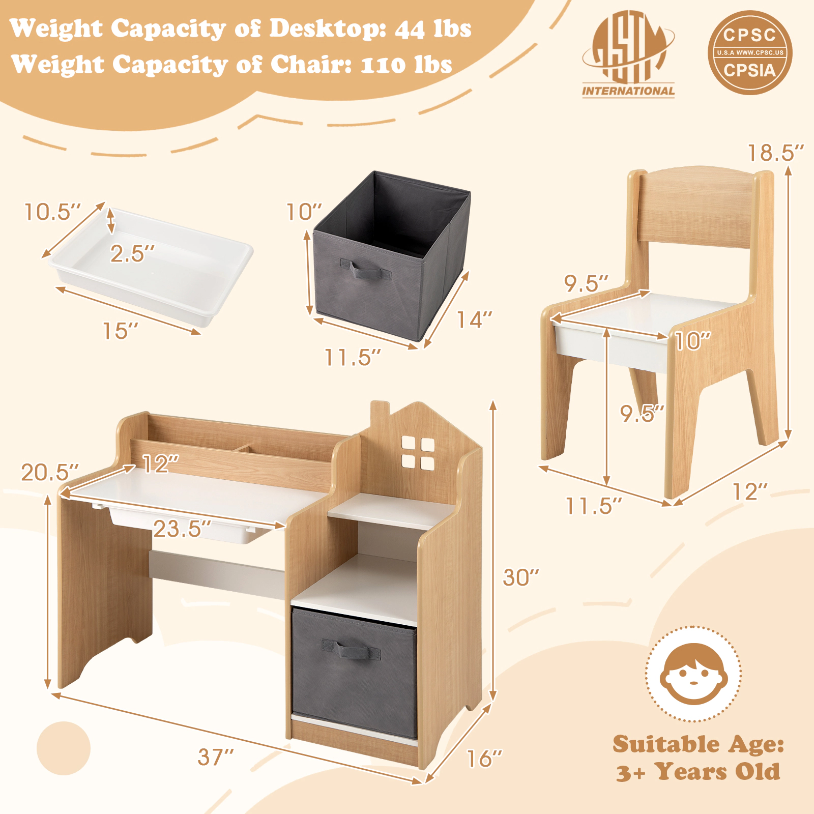 SUGIFT Kids Study Desk & Chair Set with Open Shelves Drawer & Fabric Storage Bin 44-lb Desktop Capacity Ages 3+ White