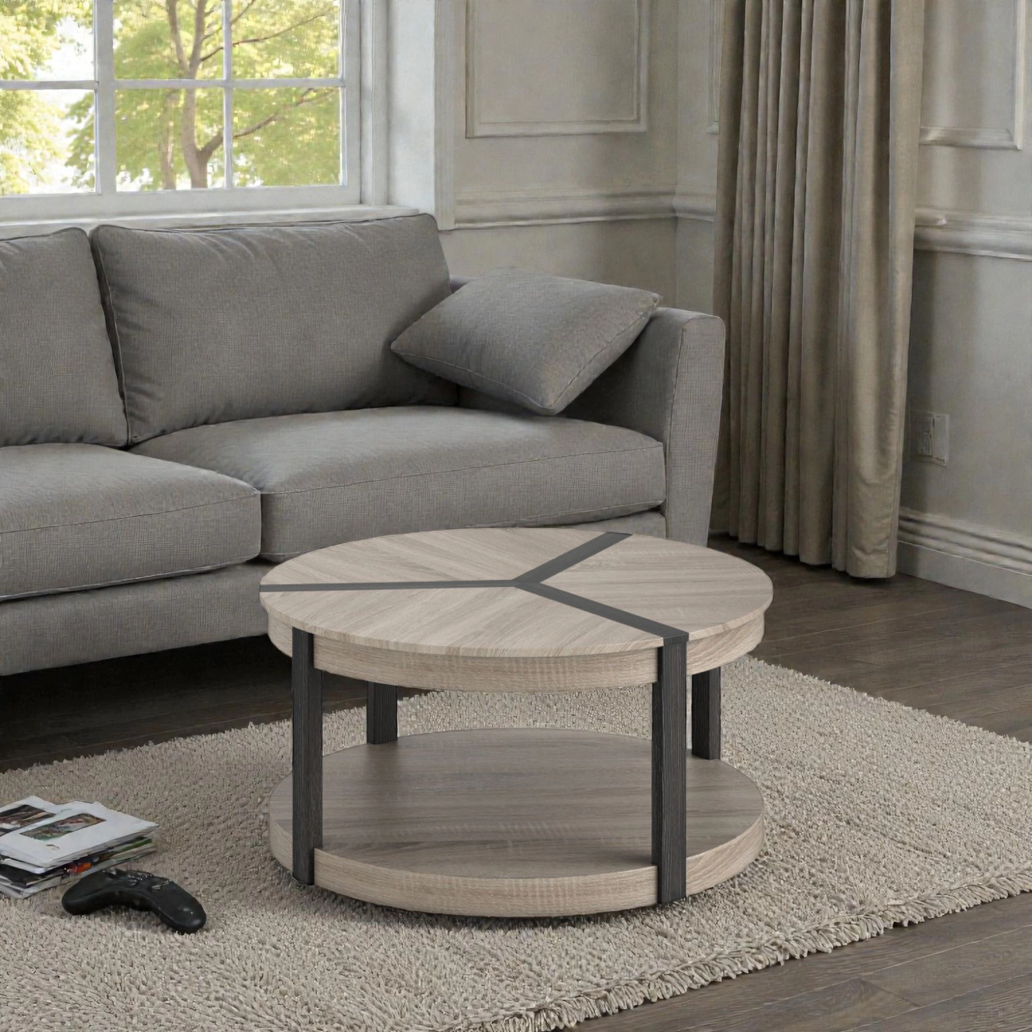 Hivvago Spacious 34.5-Inch Round Rubberwood Table with Dual Levels and Storage