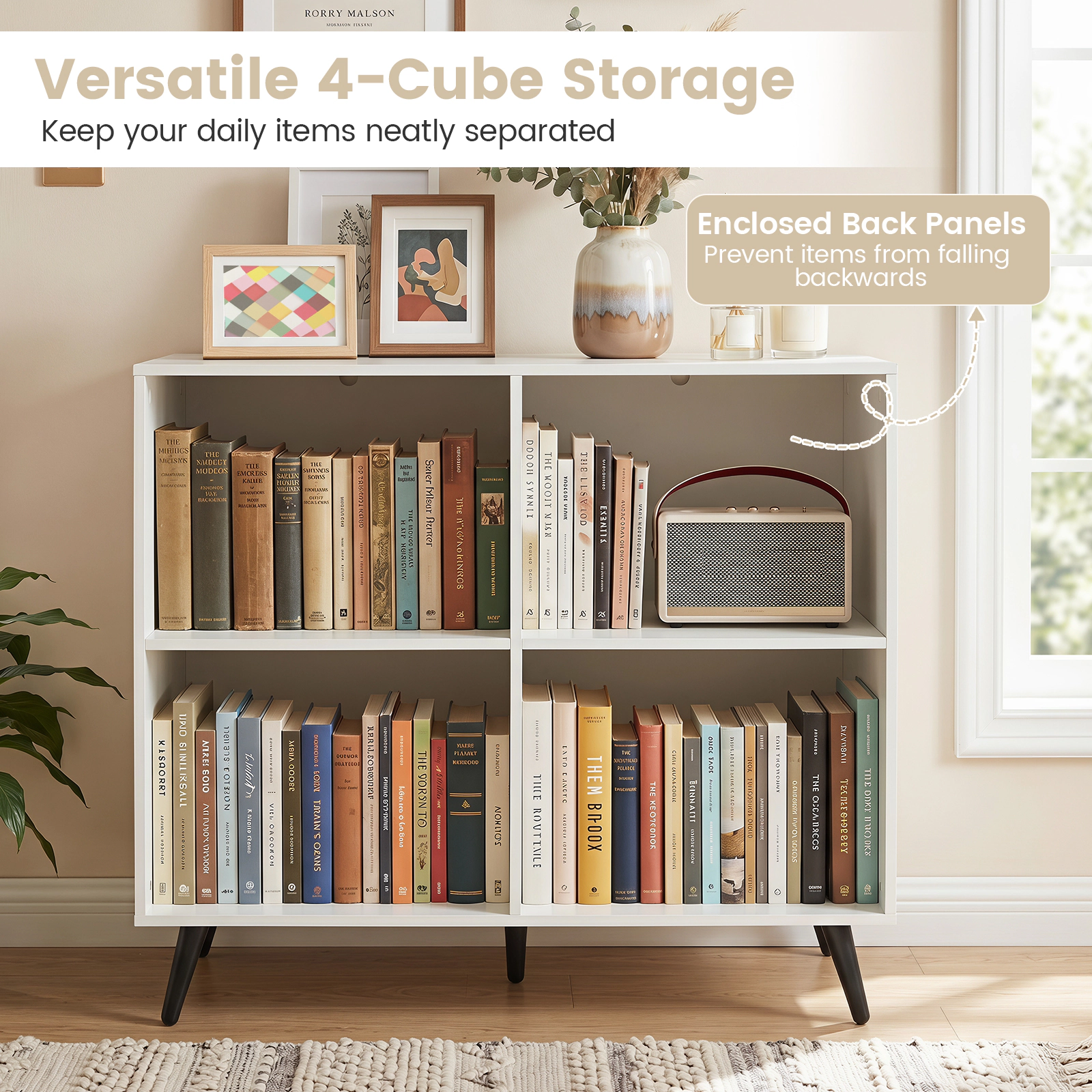 Costway 4-Cube Wooden Bookshelf Bookcase with 5 Metal Legs, Anti-Toppling Devices for Home Natural