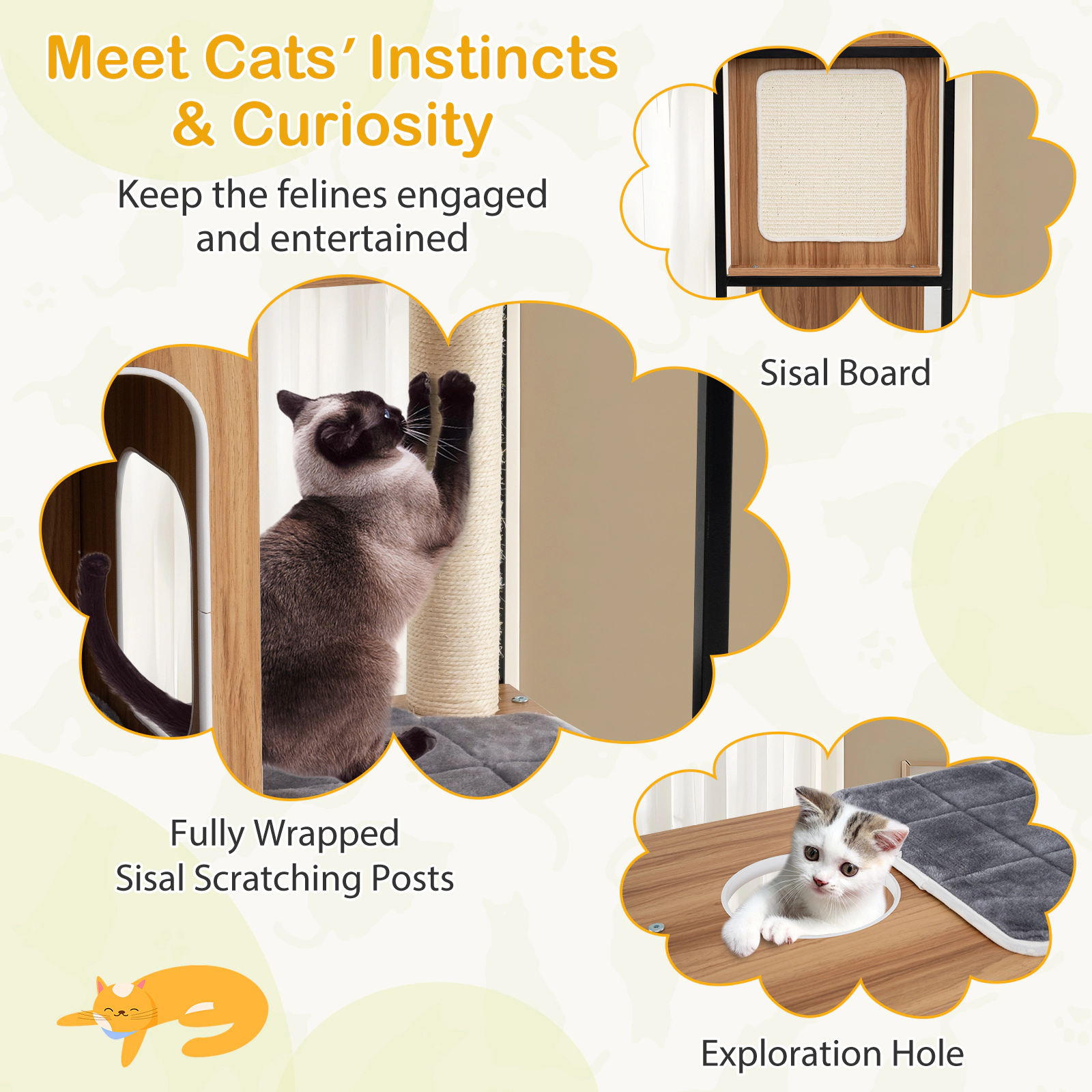 SUGIFT 52-in Cat Tree with 3 Condos Metal Frame Oversized Perches Sisal Posts and 12-in Entry for Big Cats