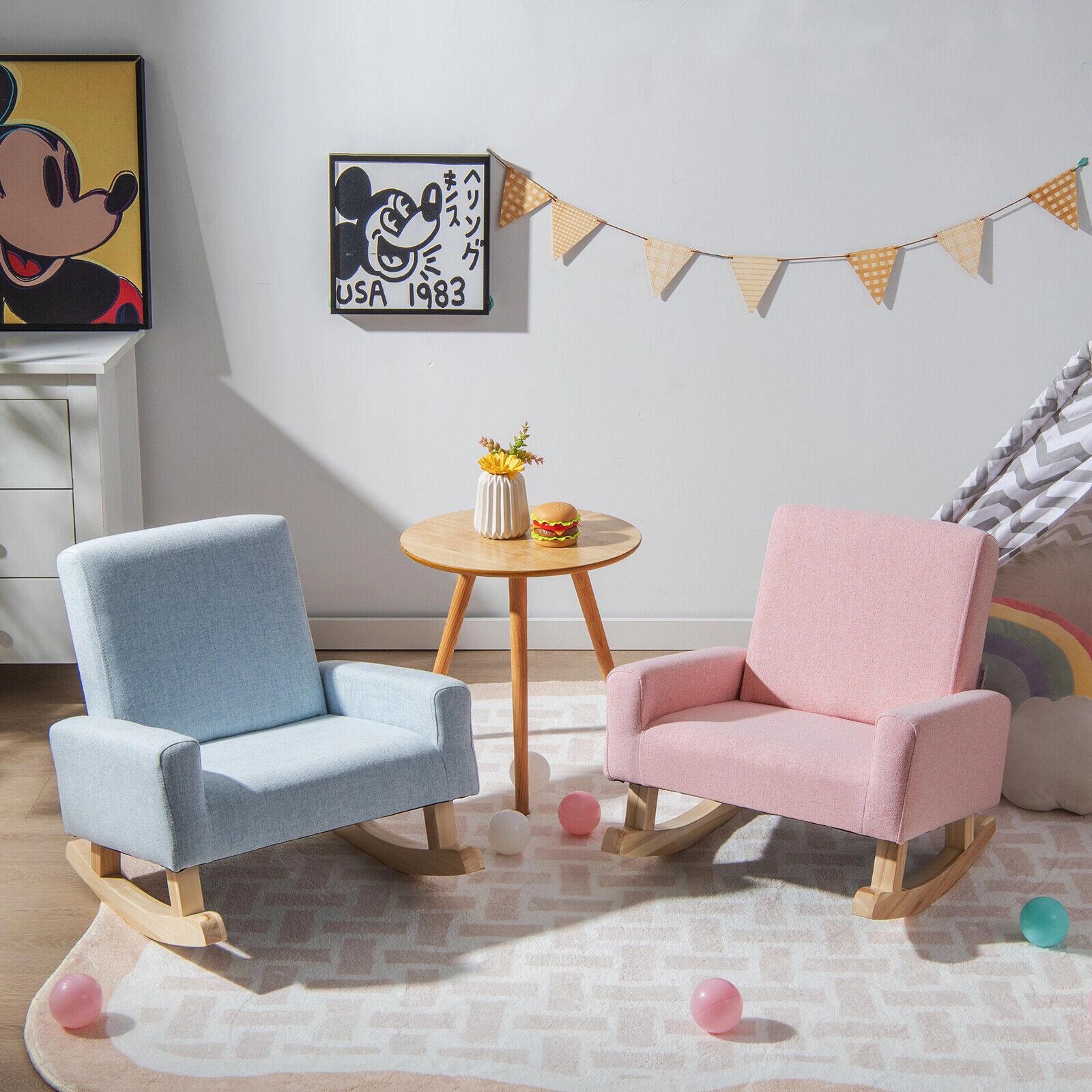 Kids Rocking Chair Toddler Rocker with Linen Upholstery Solid Poplar Wood Legs Anti-Tip Curved Runners Pink