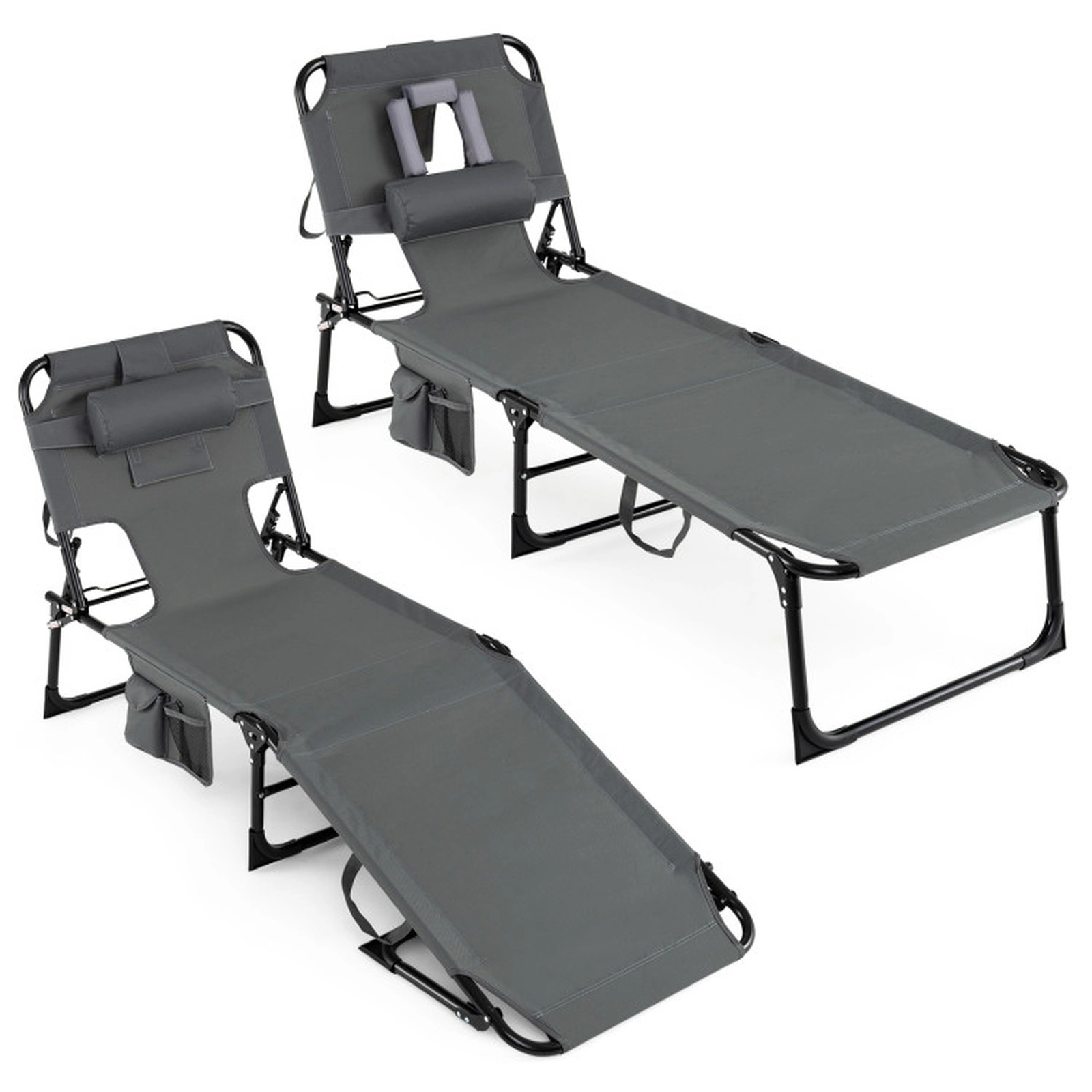 SUGIFT Set of 2 Portable Tanning Chaise Lounge Chairs with 4-Position Adjustable Backrest 330-Lb Capacity 76-in Gray