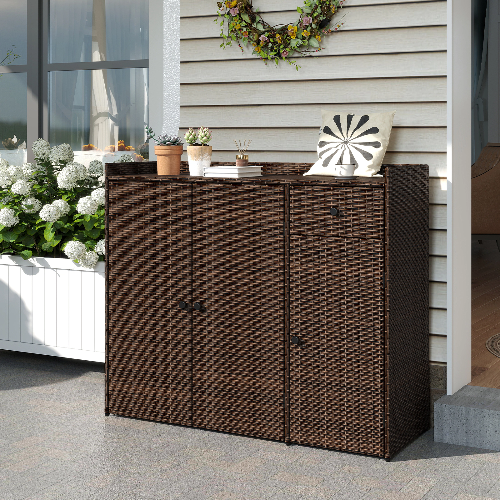 SUGIFT 3-Door Removable Shelves Drawer PE Wicker Outdoor Deck Storage Cabinet 48-in x 17-in x 40-in 110-lb Top Brown