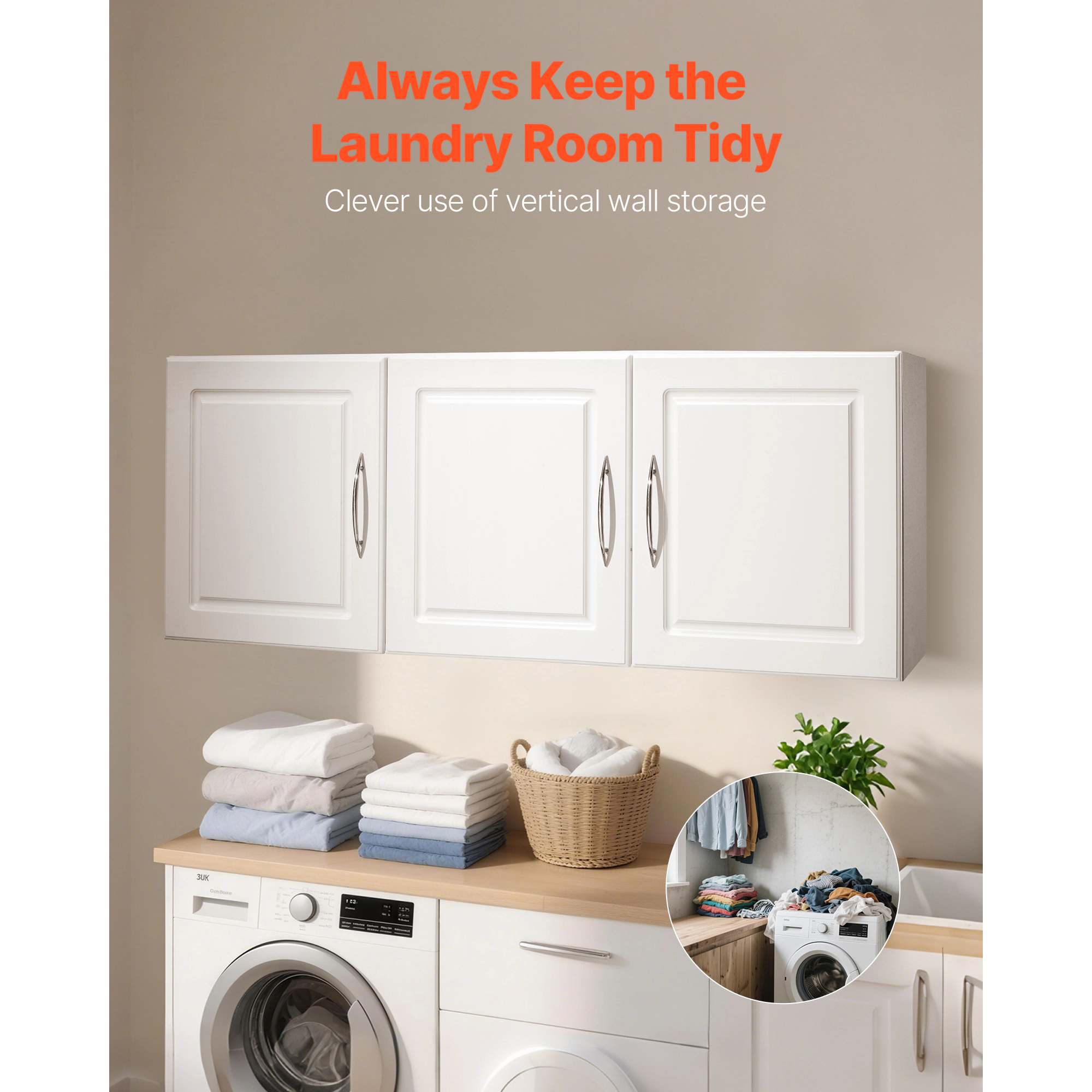 HONGGE Wall Mounted Laundry Room Cabinet, 3 Doors, 2 Adjustable Shelves, 54 Inch Wide, White