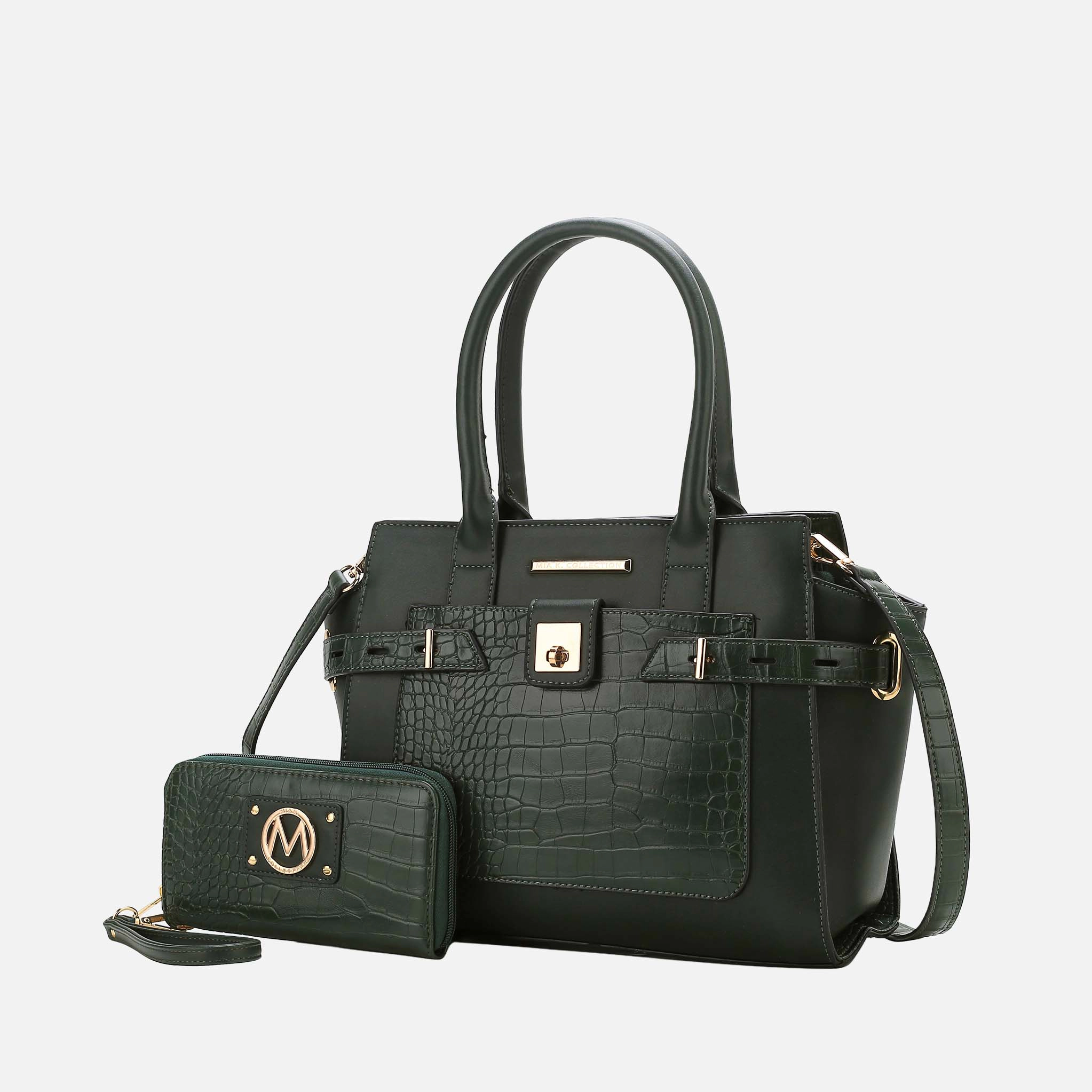 Mia K Collection Isla Satchel Bag - Vegan Leather with Croc-Embossed Detail and Matching Wallet