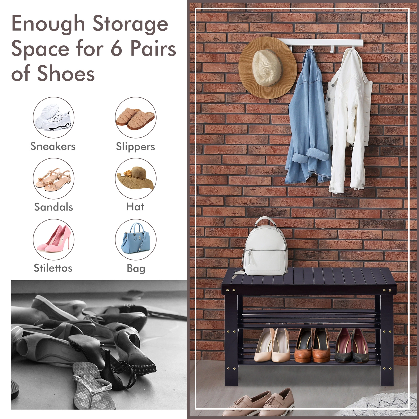 SUGIFT 3-Tier Black 27.5-in 220-lb Capacity Bamboo Shoe Rack Bench with Storage Shelf for Entryway
