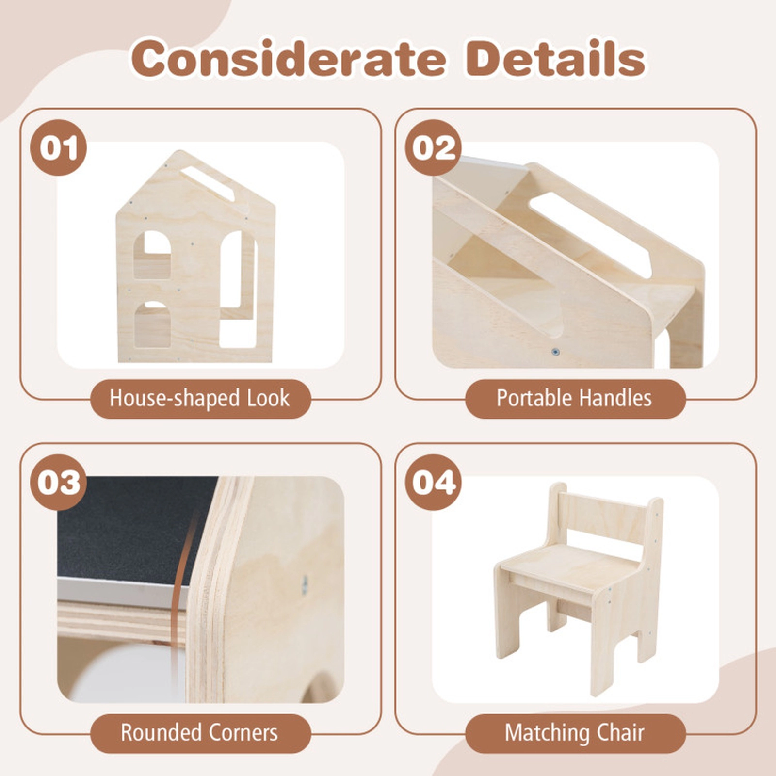 SUGIFT Natural Chalkboard and Shelves Kids House-Shaped Wooden Activity Table and Chair Set