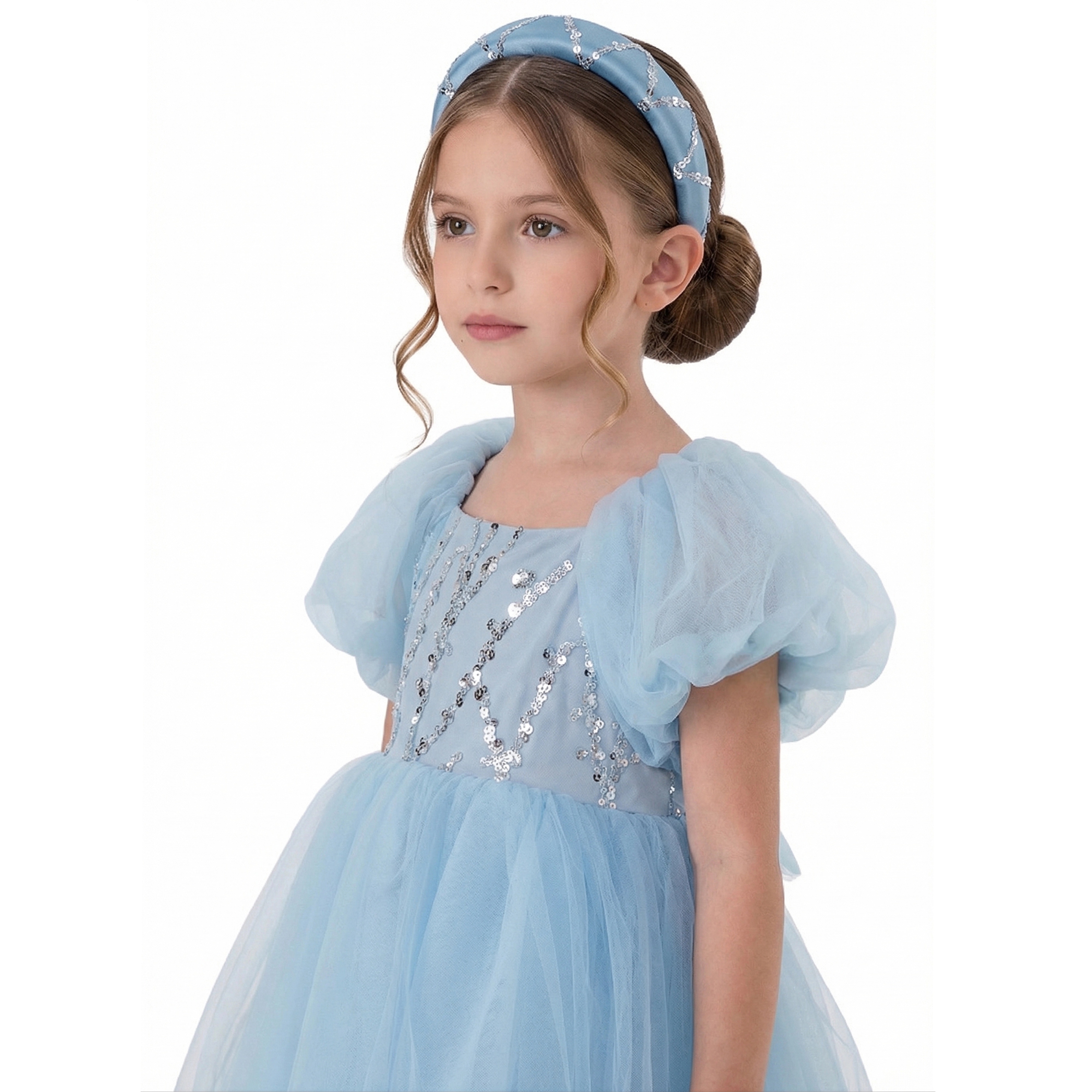2Bunnies Girls’ Sequin Embellished Puff Sleeve Tulle Princess Party Dress