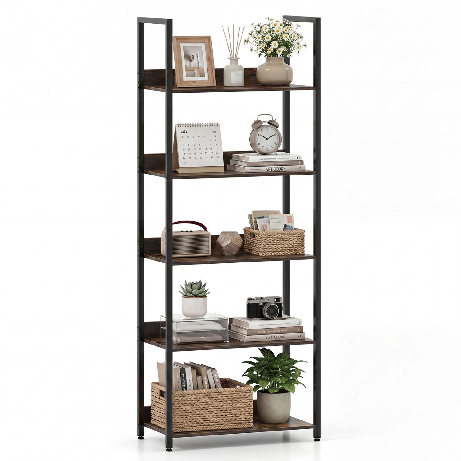 LJG 5-Tier Bookshelf Tall Wooden Open Bookcase with Back Panels