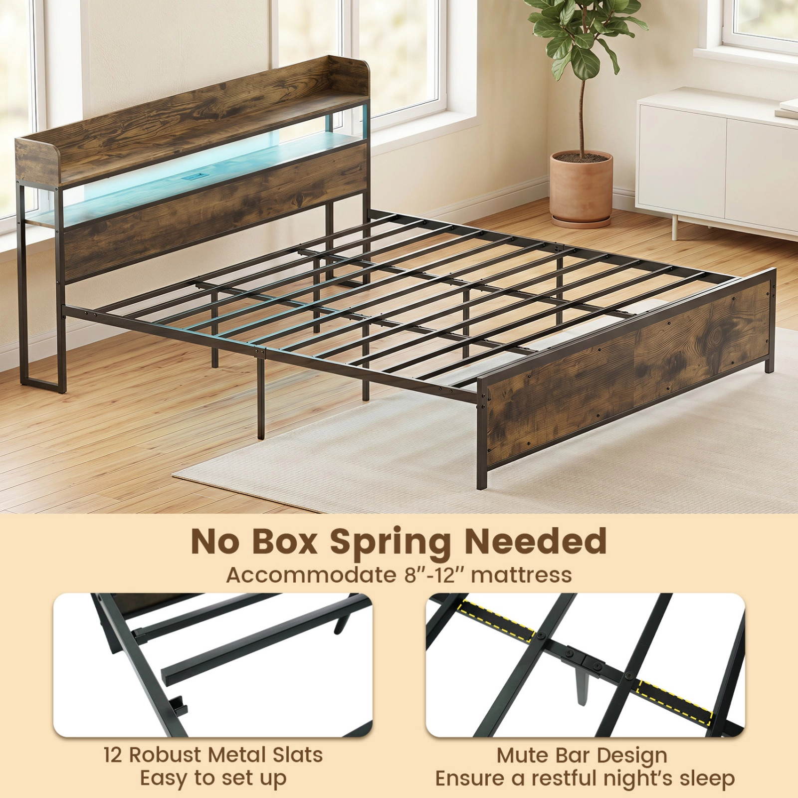 SUGIFT Rustic Brown Power Outlets Storage Headboard and Remote King Size LED Bed Frame
