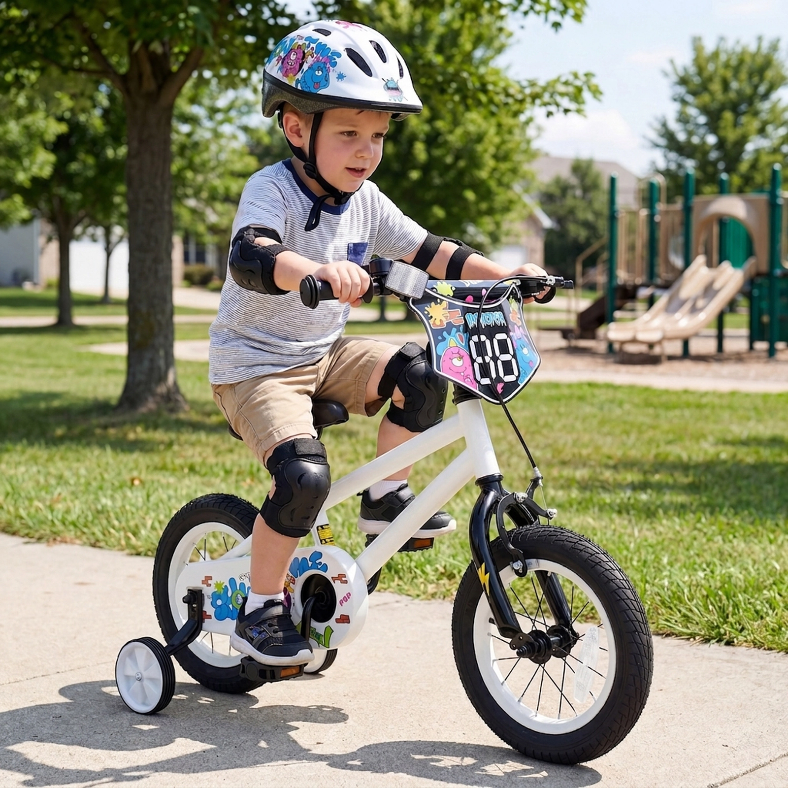 SUGIFT White Training Wheels Graphic Number Plate and Coaster Brake Kids 14 Inch Bike