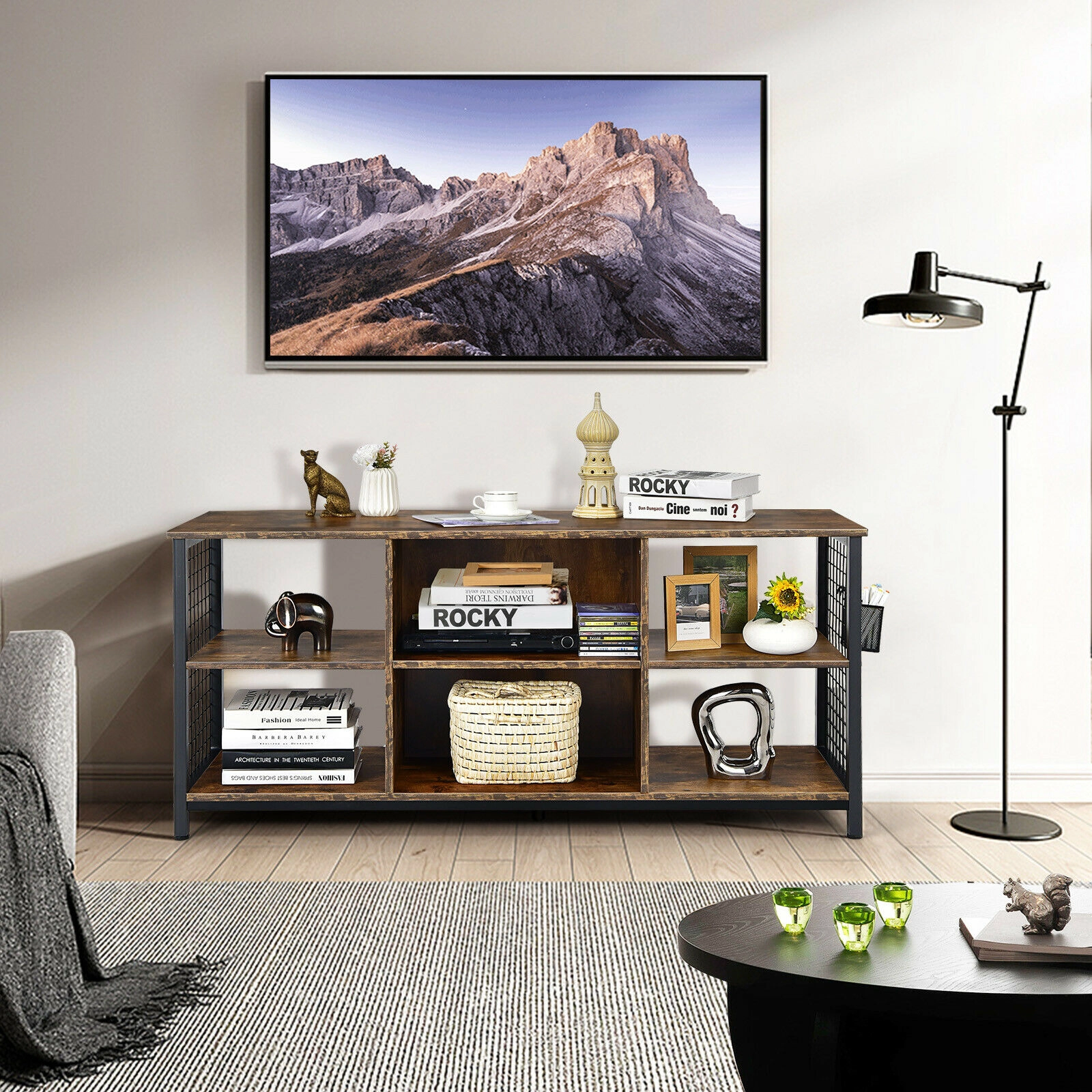 LJG Mid-Century Wooden TV Stand with Storage Basket for TVs up to 65 Inch