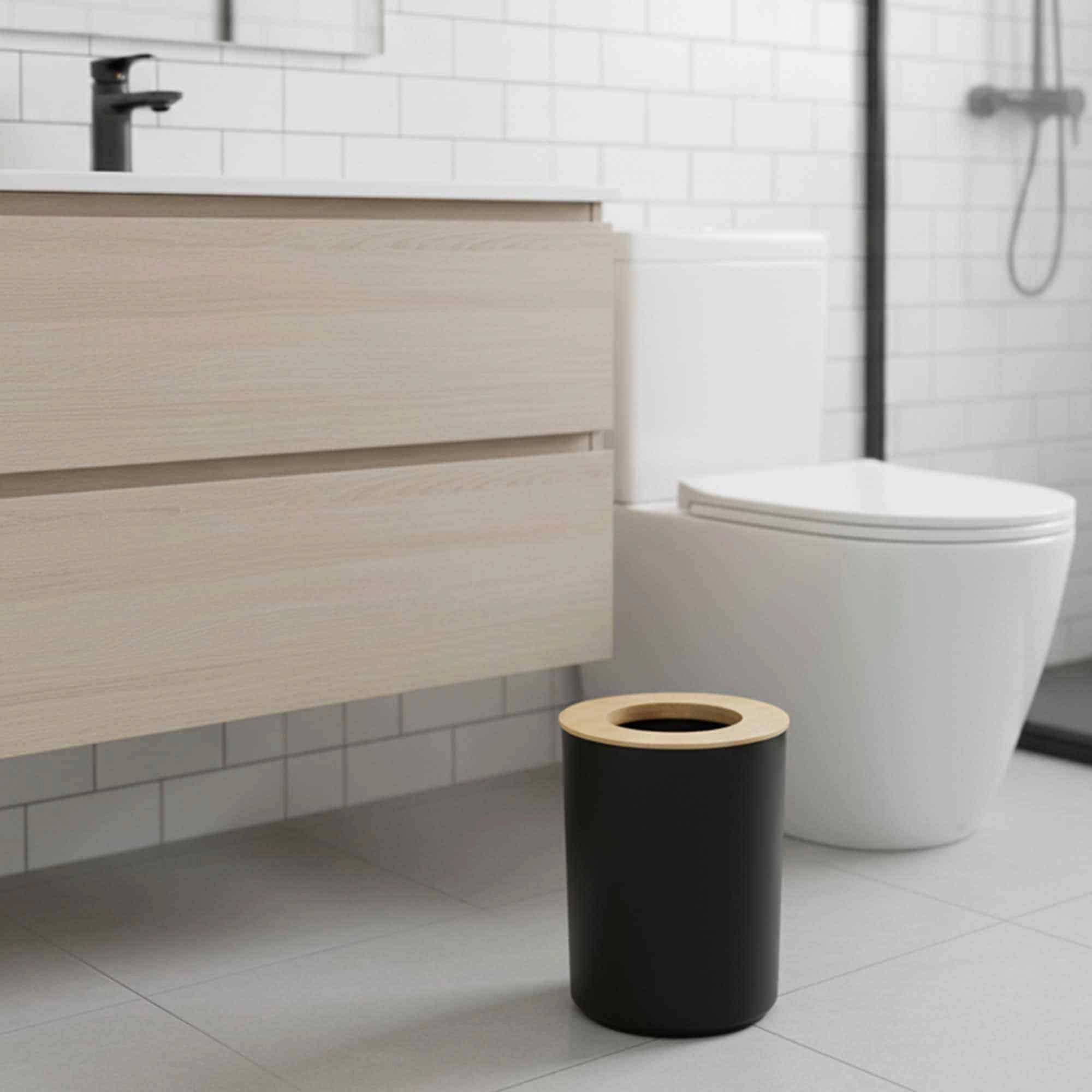 Evideco French Home Goods 5L Matte Polystyrene Trash Can with Bamboo Lid - Compact Bathroom Bin