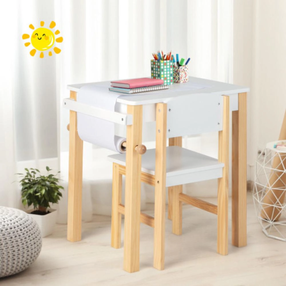 Hivvago Kids Art Table And Chair Set With Drawer Paper Roll And 2 Markers-White