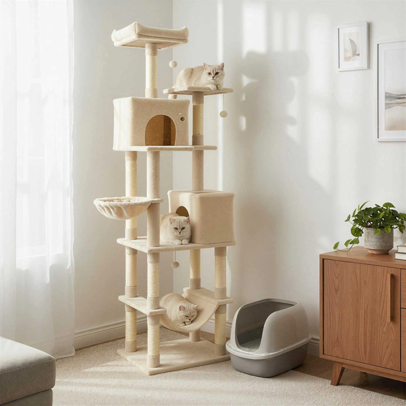 SUGIFT 80 Tall Cat Tree with 2 Condos Basket Hammock and Dangling Toys