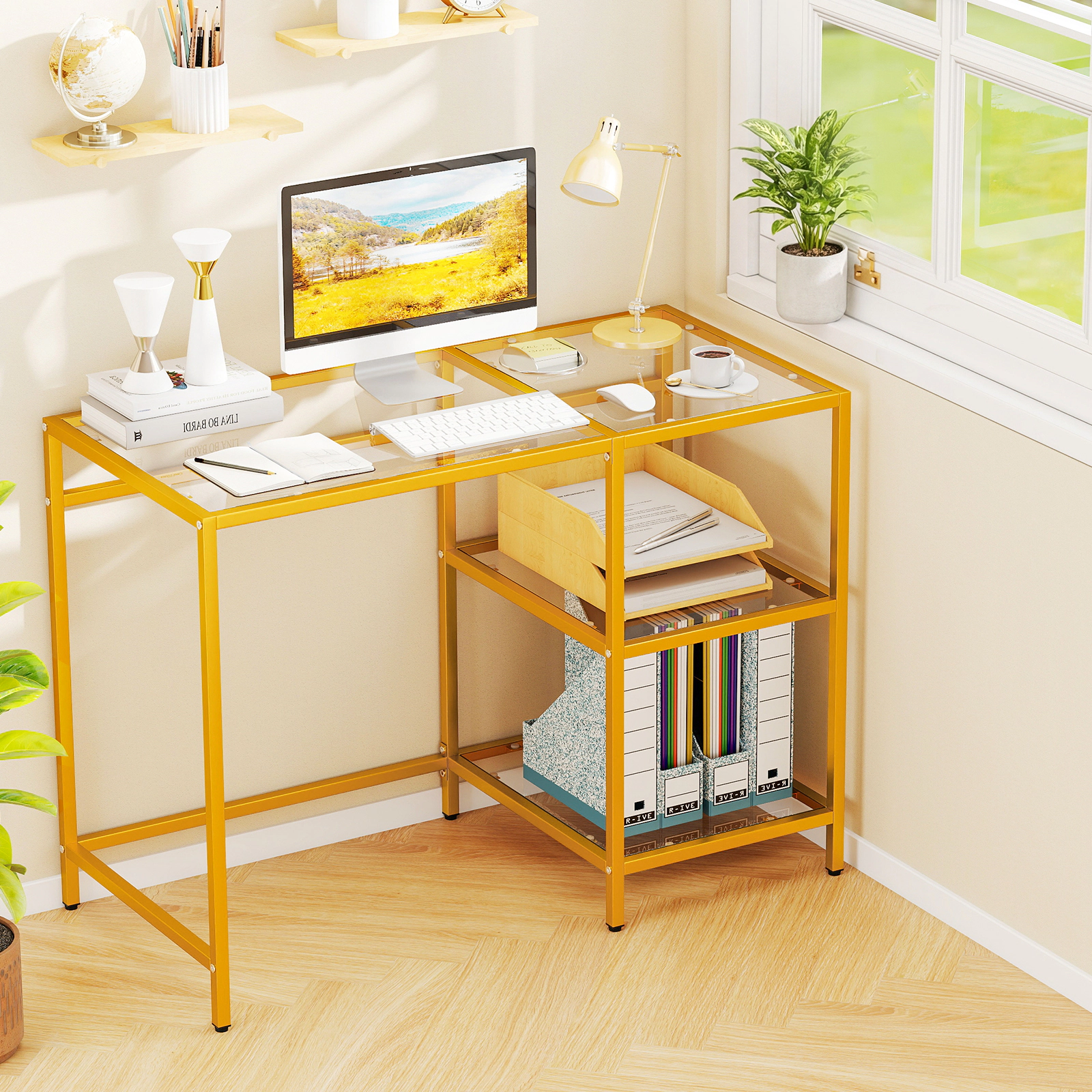 LJG Modern Console Table with 2 Open Shelves and Metal Frame