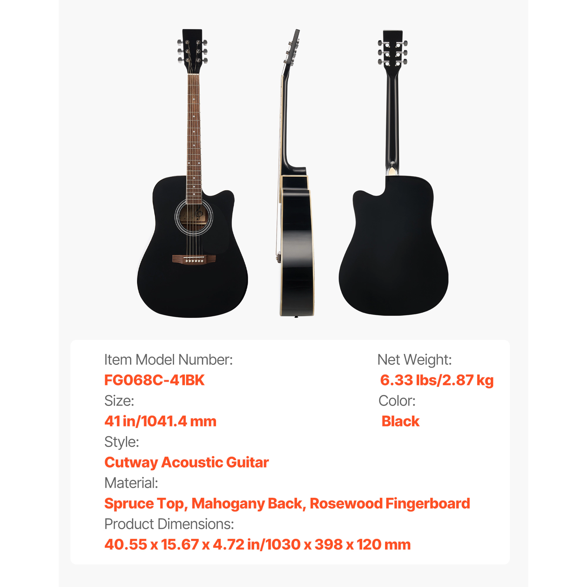 HONGGE 41 in Cutway Acoustic Guitar 6-String Solid Spruce Top Beginner Bundle with Gig Bag Tuner Strap Strings Picks