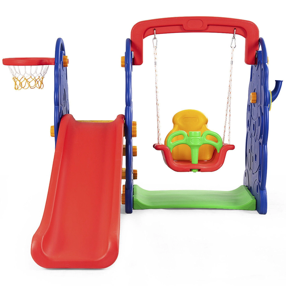 SUGIFT Toddler Multicolor 3-in-1 Slide and Swing Set with Basketball Hoop 59-in W 66-in H 110-lb Slide Capacity