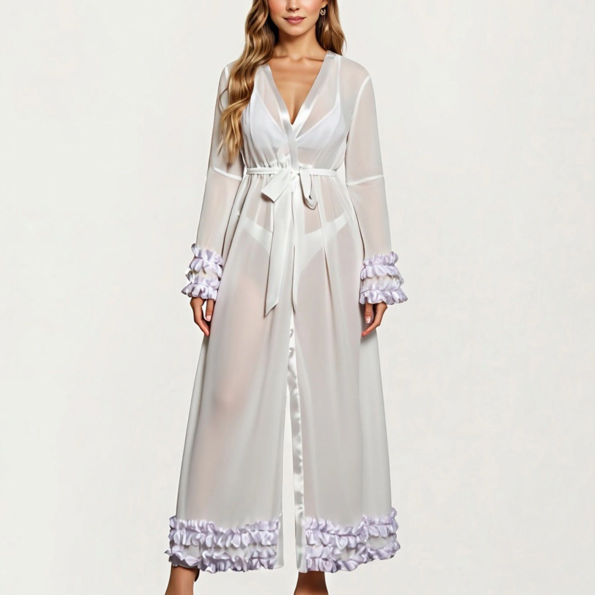 Anna-Kaci Women's Long Satin Robe with Sheer Bell Sleeves and Ruffle Trim Hem