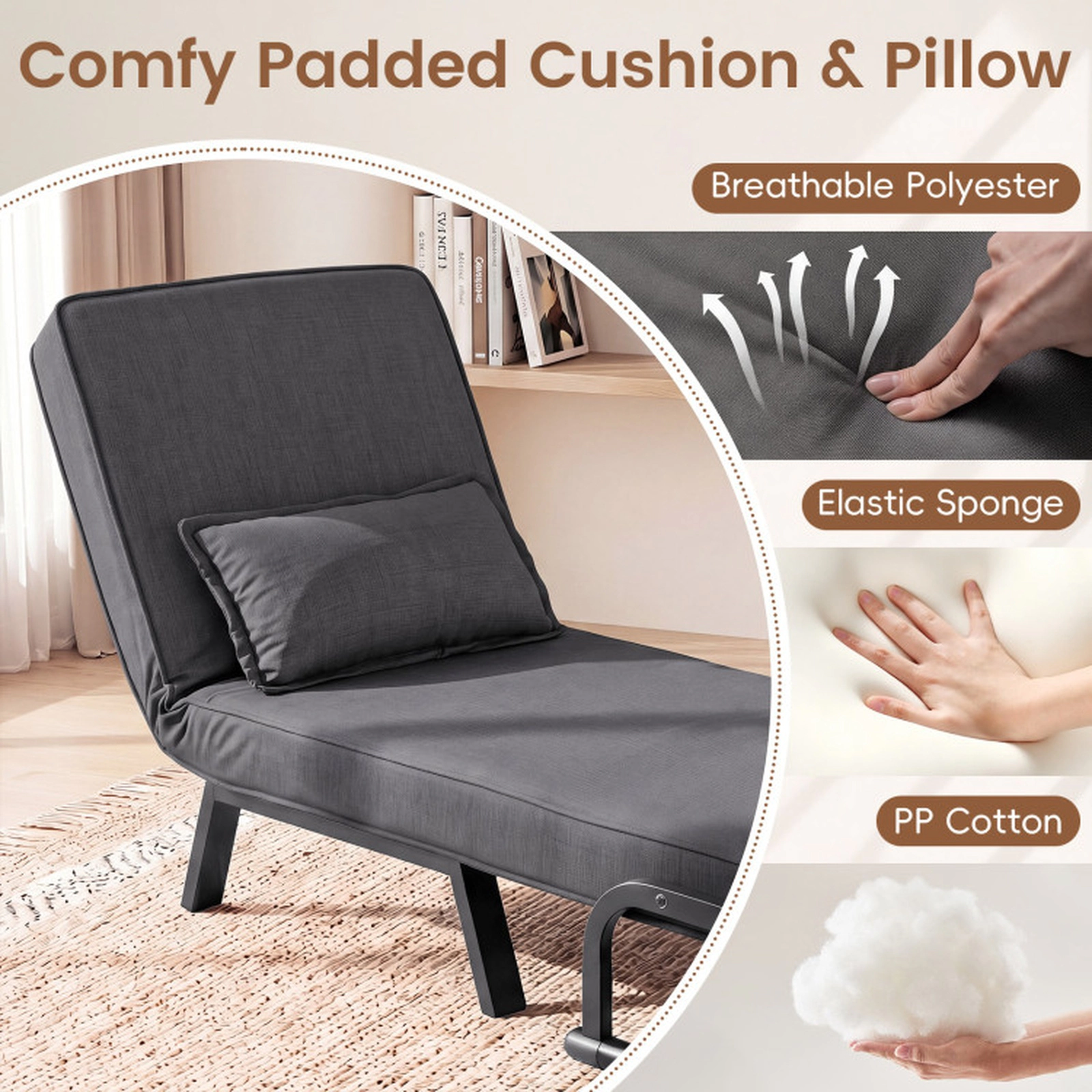 SUGIFT Gray 3-in-1 Folding Sofa Bed Chair with Adjustable Backrest and Pillow
