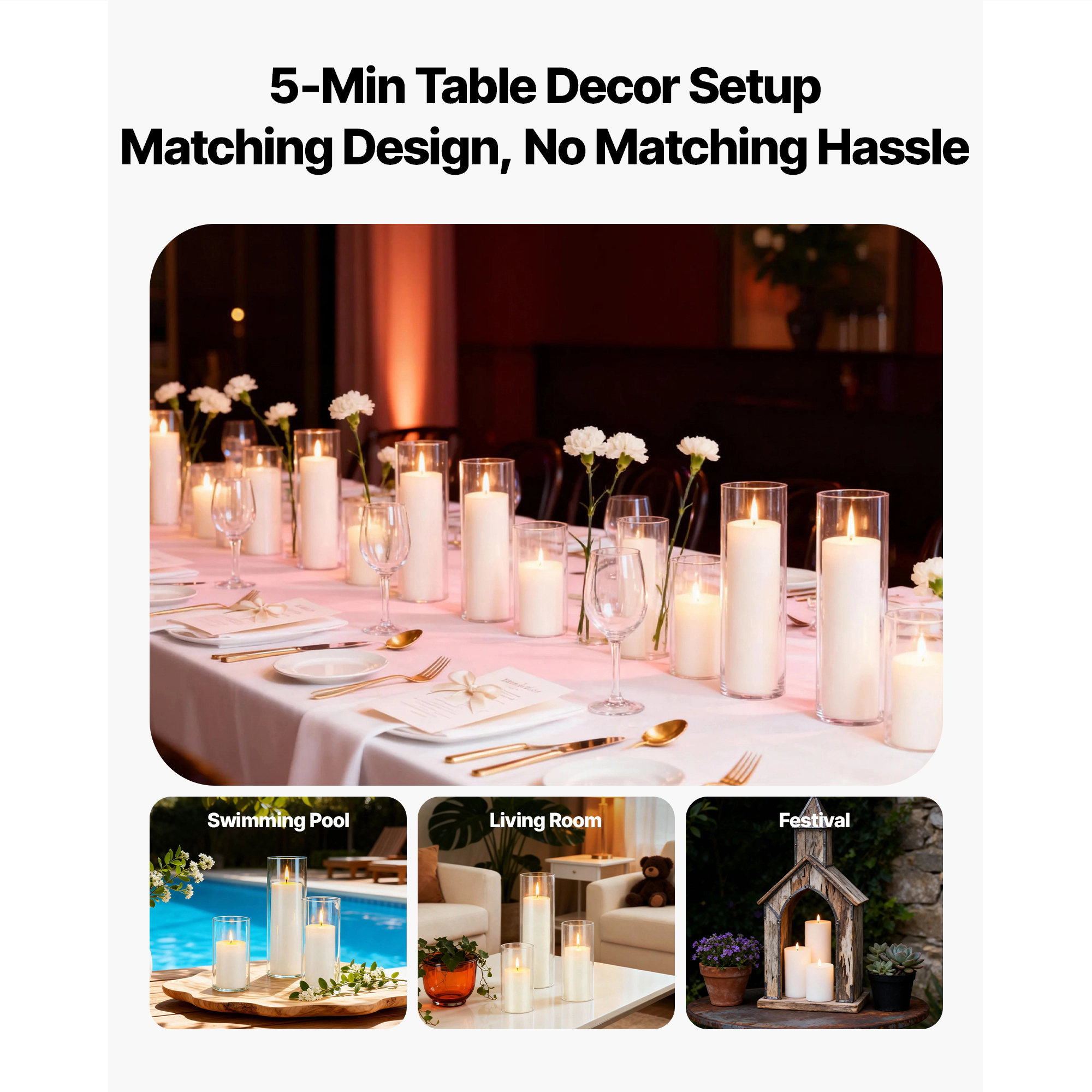 HONGGE Pillar Candles and Glass Vases Set Clear Cylinder Hurricane Candle Holders for Wedding Centerpieces Tall Vase