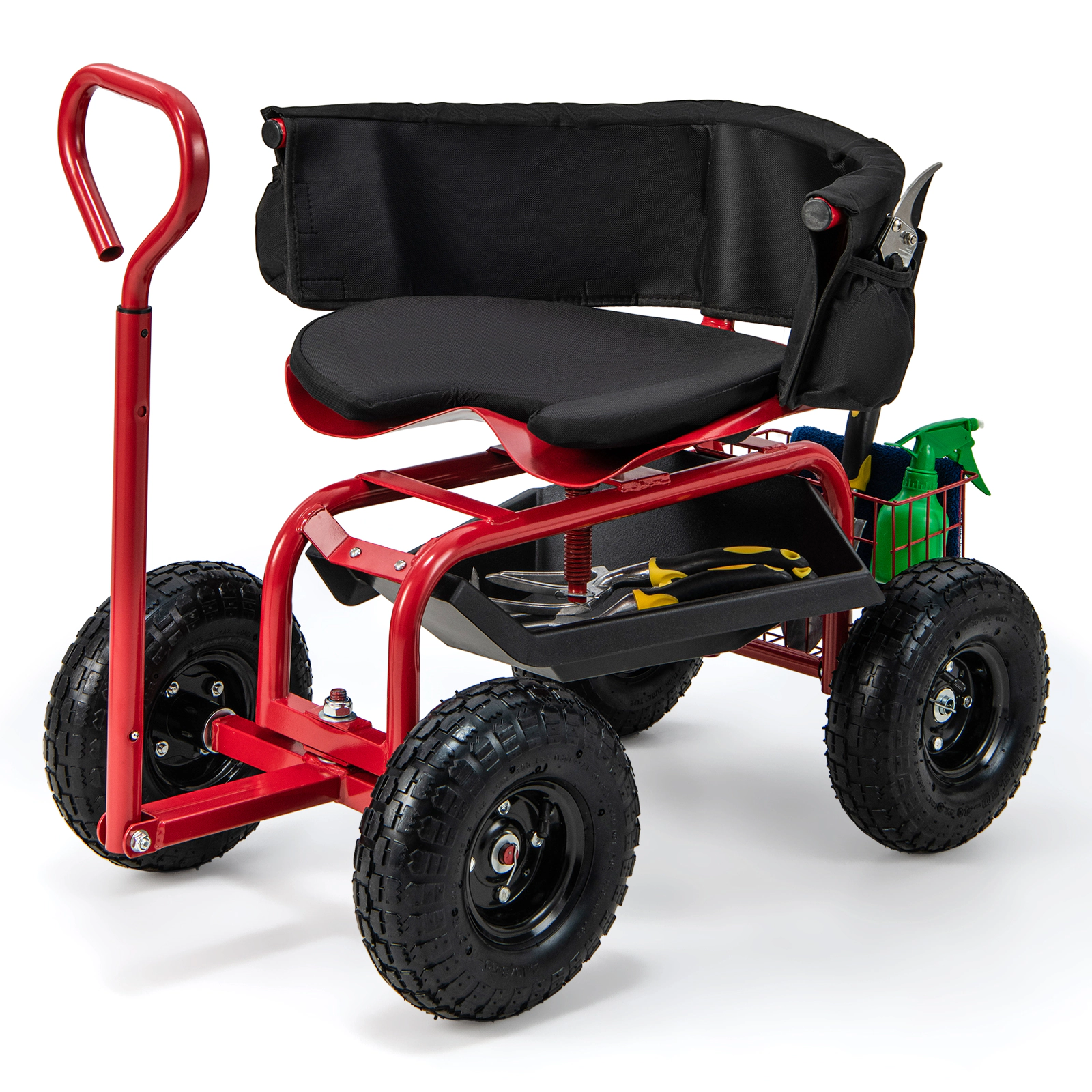 SUGIFT Rolling Garden Cart Scooter with Cushioned Seat and Adjustable Steering Handle