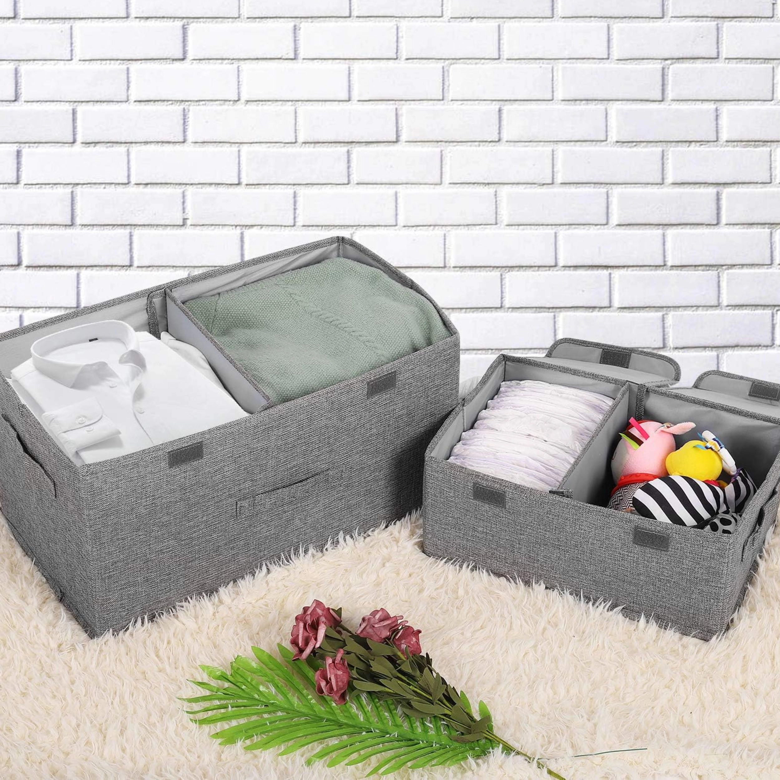 Stock Preferred Pack of 2 Collapsible Linen Storage Bins with Lids Handles and Dividers
