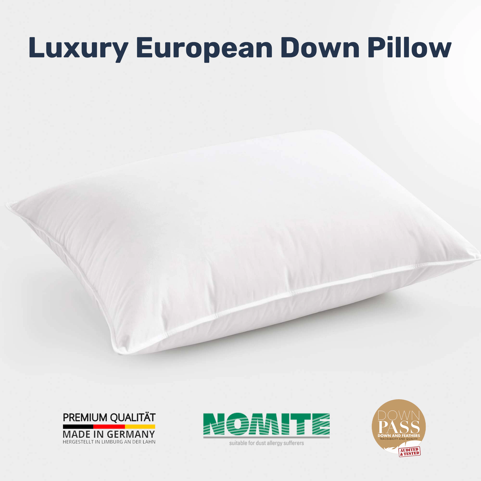 Unikome 75% White Down Bed Pillow Single Pack with Soft Cotton Cover, Made in Germany