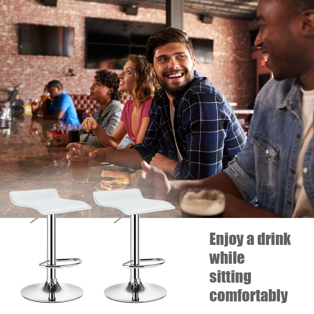 SUGIFT Adjustable PU Leather Backless Swivel Bar Stools Set of 2 264-lb Capacity White