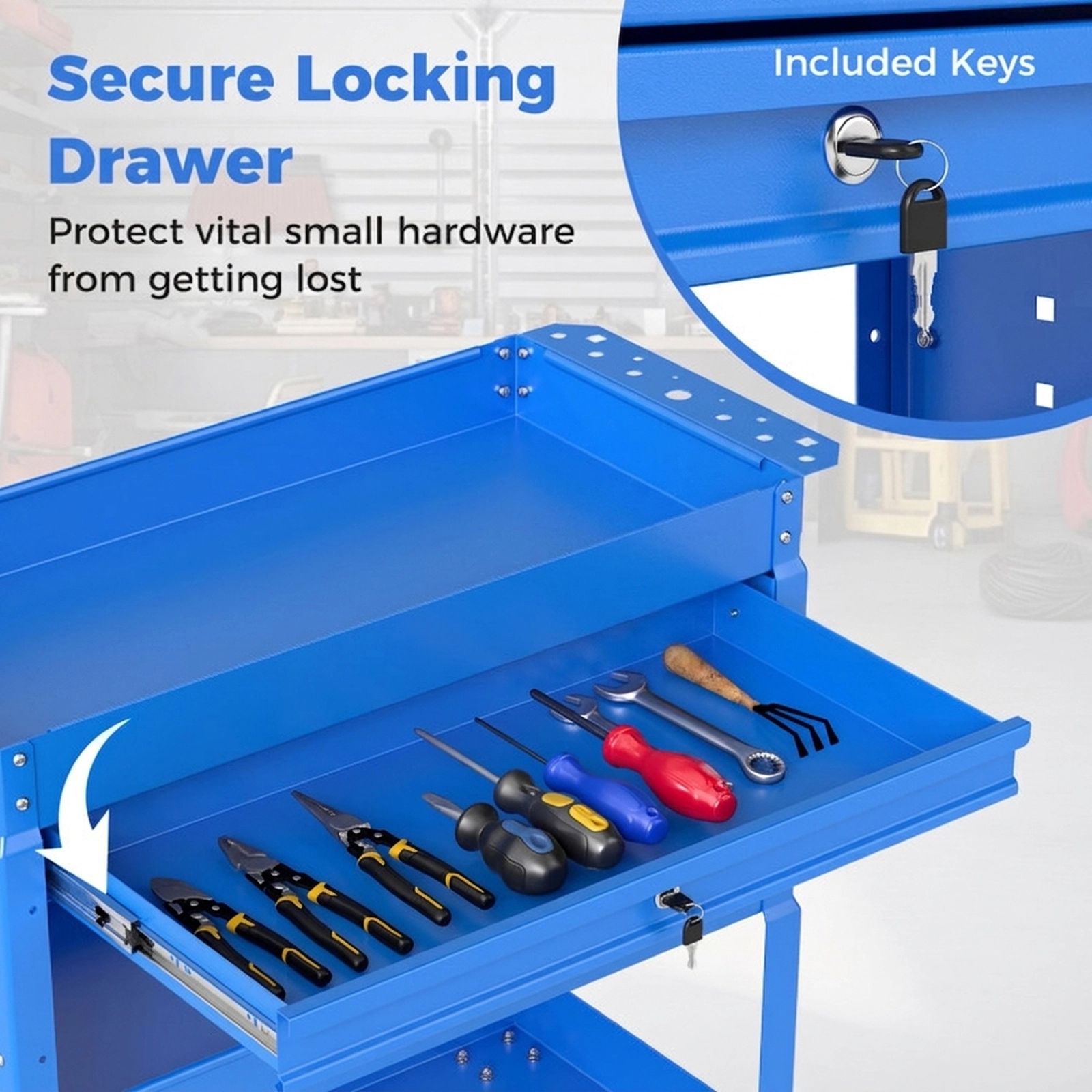 SUGIFT 3-Tier Lockable Drawer 4 Hooks Pegboard Metal Rolling Tool Cart 33-in x 14-in x 30-in 350-lb Capacity Blue