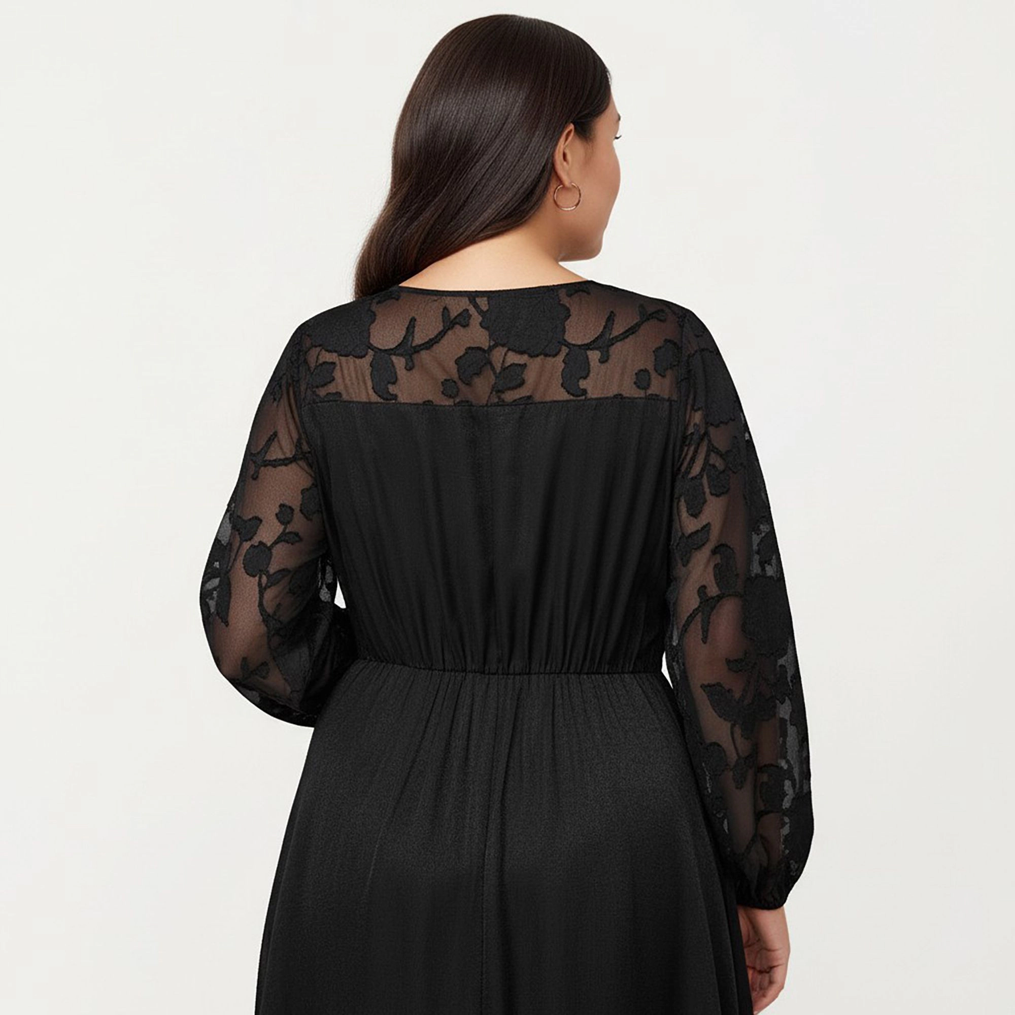 Anna-Kaci Women's Plus Long Sleeve Sheer Lace Sleeves Elastic Waist Hem Panel Maxi Dress