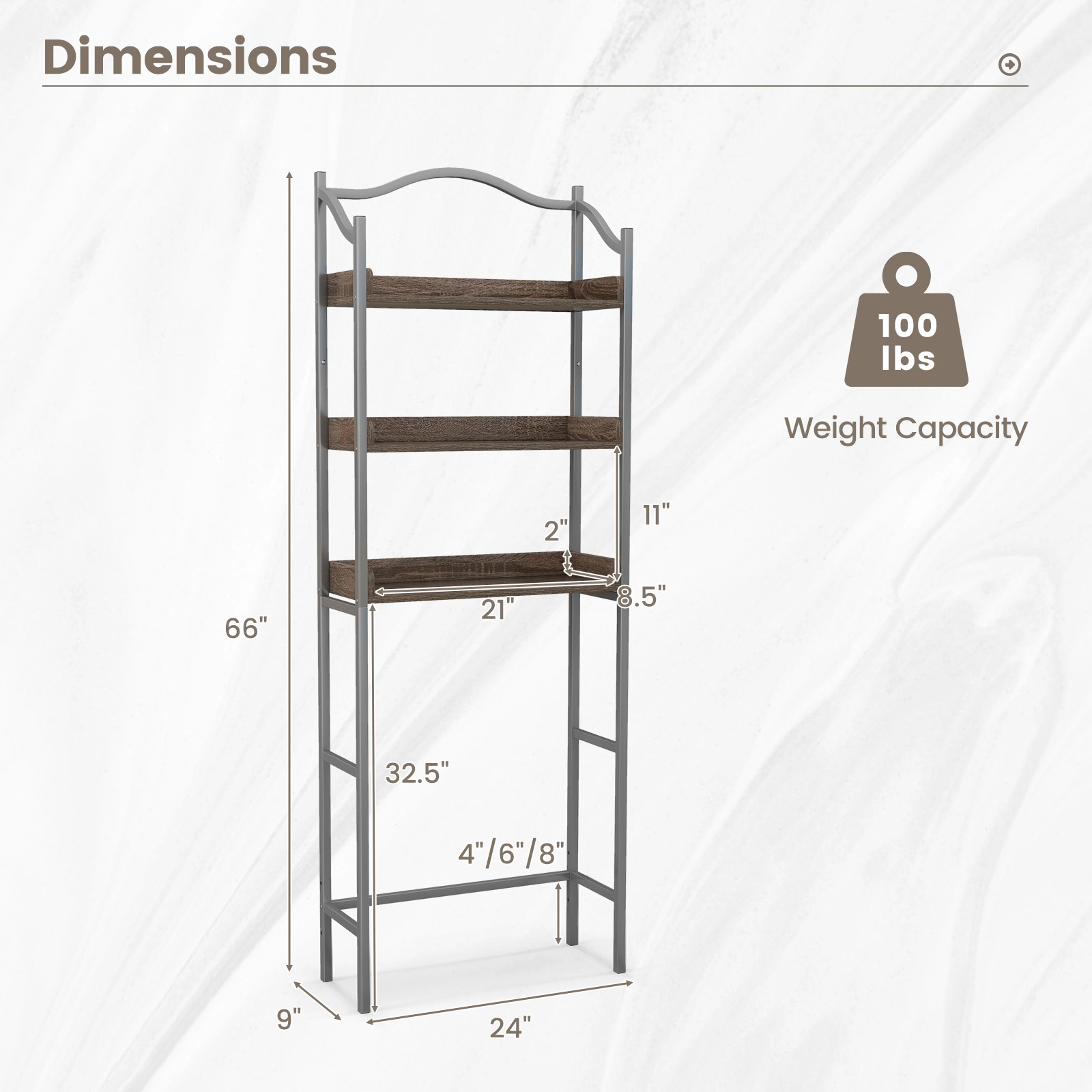 Slickblue Over Toilet Bathroom Storage Rack 3-Tier 66 Inch Silver Metal Shelf Laundry Organizer