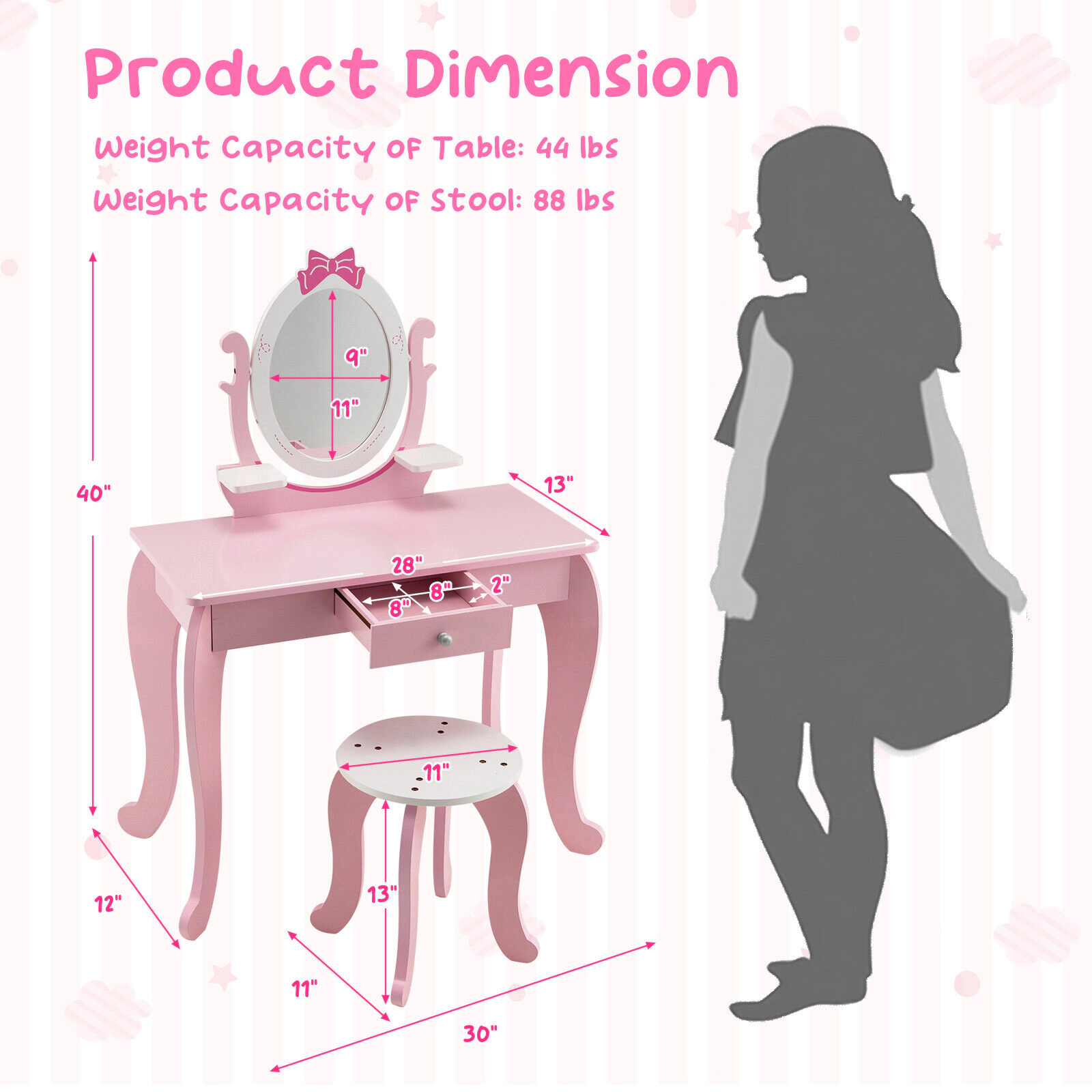 SUGIFT Pink Kids Vanity Table and Stool Set with Rotatable Oval Mirror