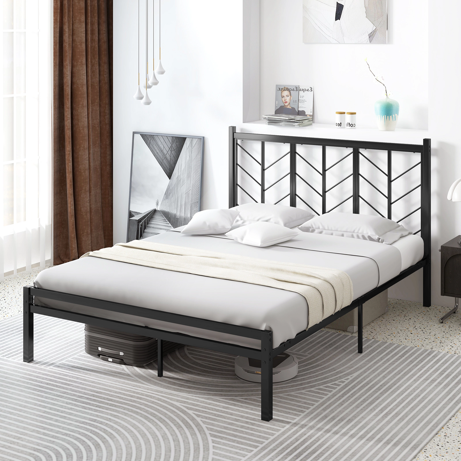 SUGIFT Metal Platform Bed Frame Branch Headboard Queen Size 800-lb Capacity 83-in Length 11.5-in Under-Bed Space Black