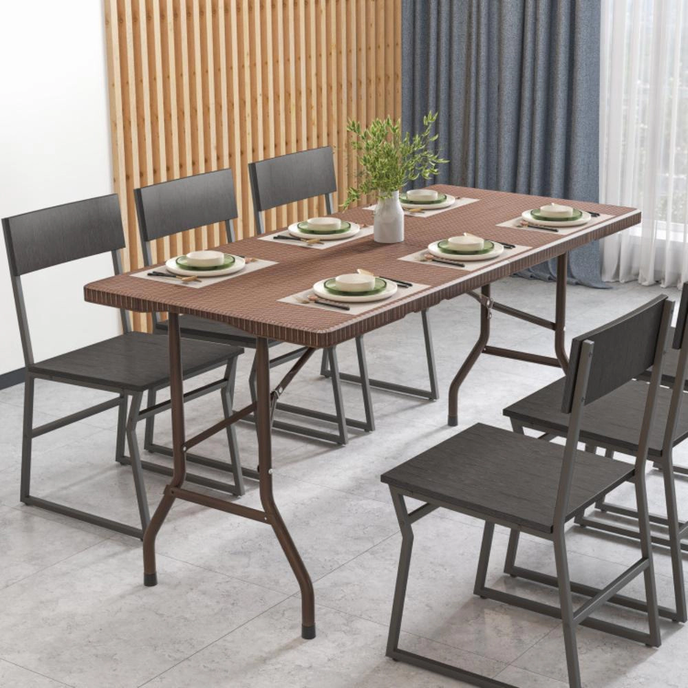 Hivvago 5Ft Folding Picnic Table With Rattan Grain Hdpe Tabletop And Sturdy Metal Fame-Coffee