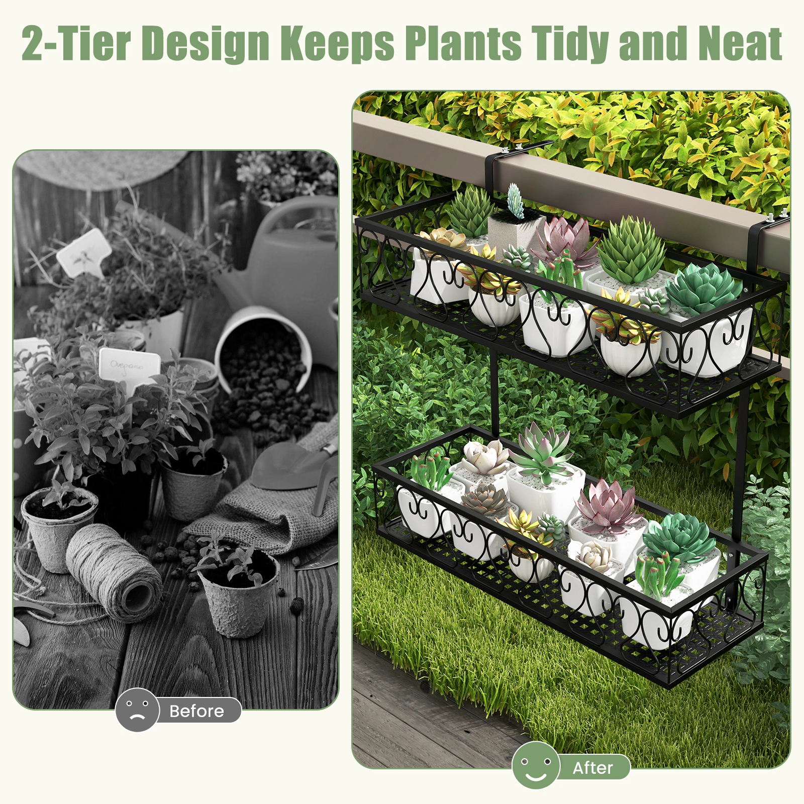Slickblue 2 Tier Balcony Railing Plant Stand Metal Flower Rack with Adjustable Hook Mount