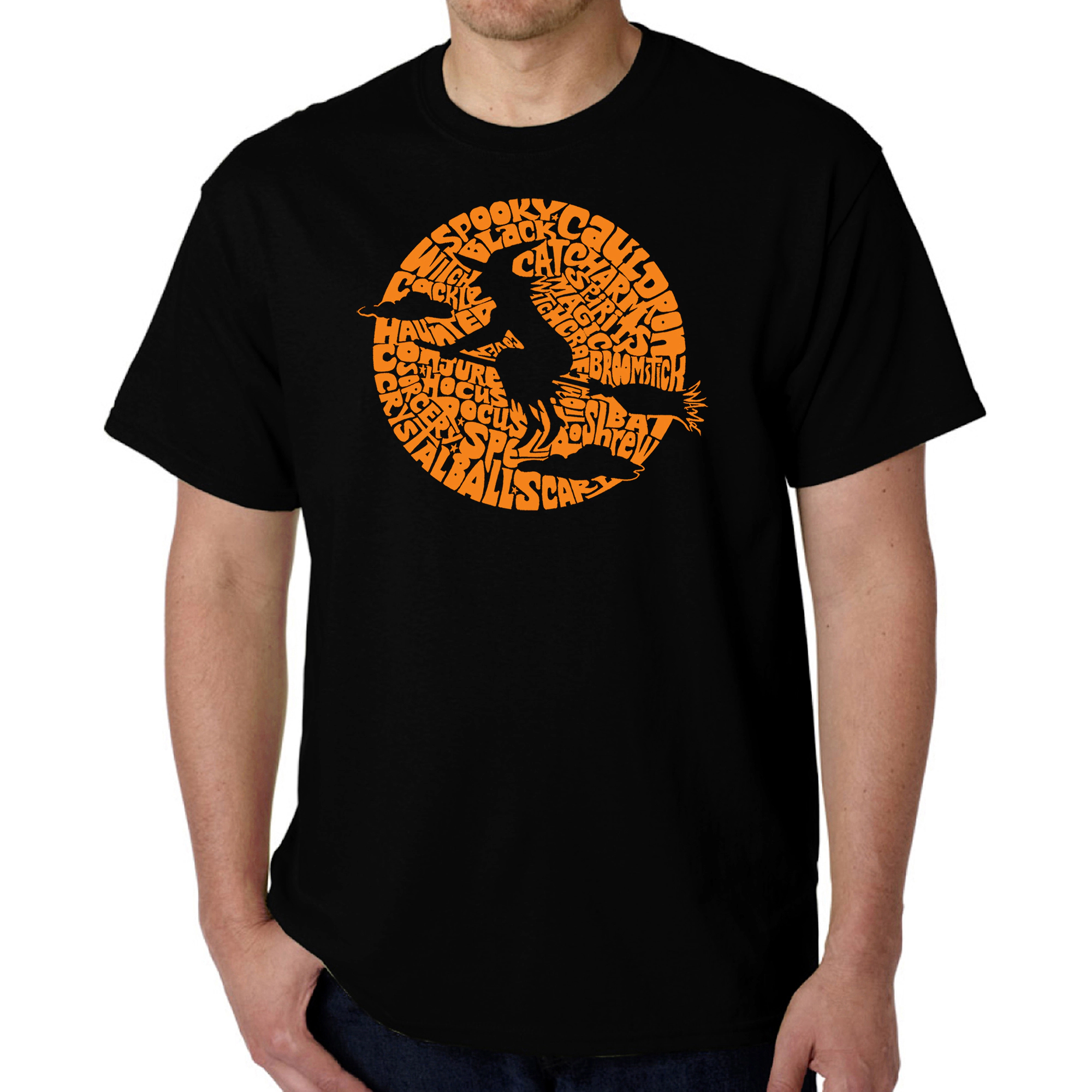 LA Pop Art Men's Halloween Word T-Shirt - Spooky Witch Graphic, 100% Cotton, Crew Neck, Short Sleeve, Regular Fit