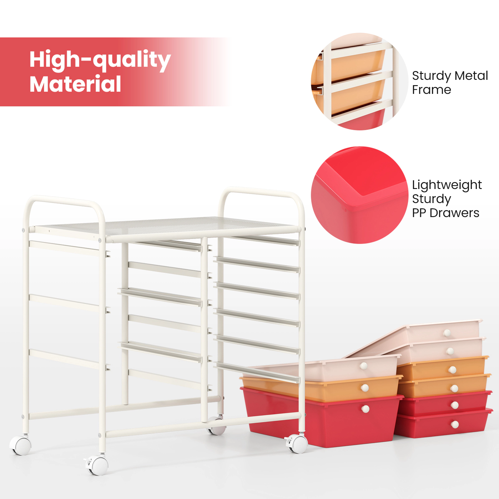 SUGIFT Light Pink 9-Drawer Rolling Storage Cart with Metal Frame 25-in W 14.5-in D 24.5-in H 22-lb Tabletop