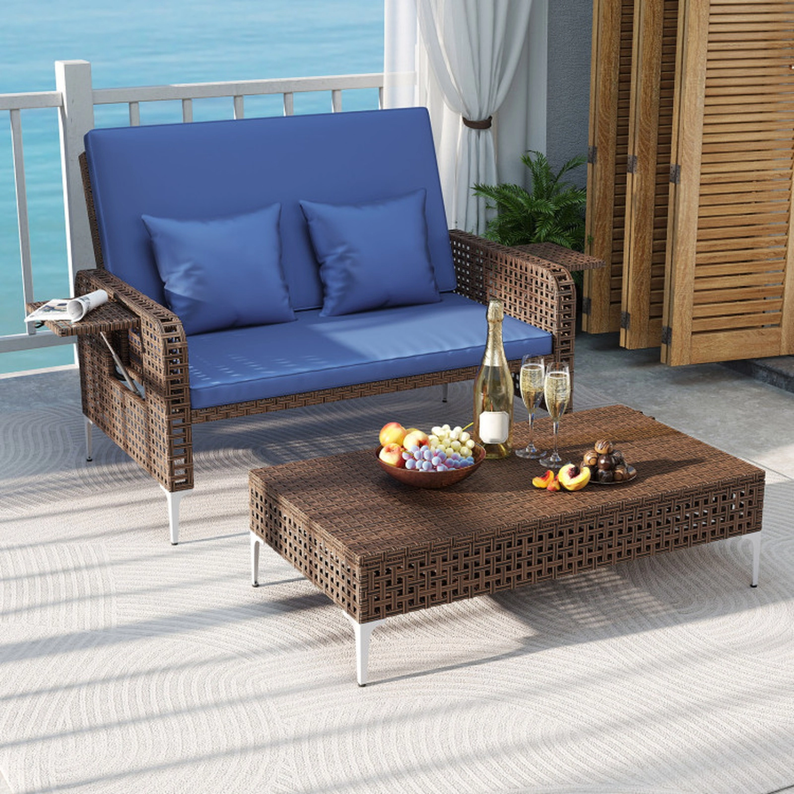SUGIFT Navy Folding Table 2-Piece Patio Rattan Daybed Wicker Loveseat and Ottoman
