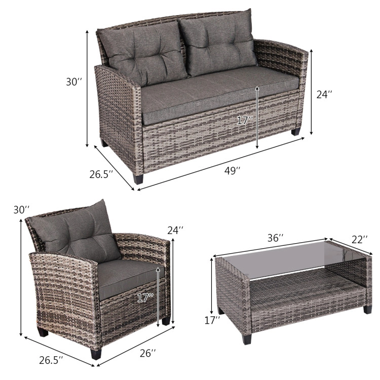 Hivvago 4 Pieces Patio Rattan Furniture Set Coffee Table Cushioned Sofa