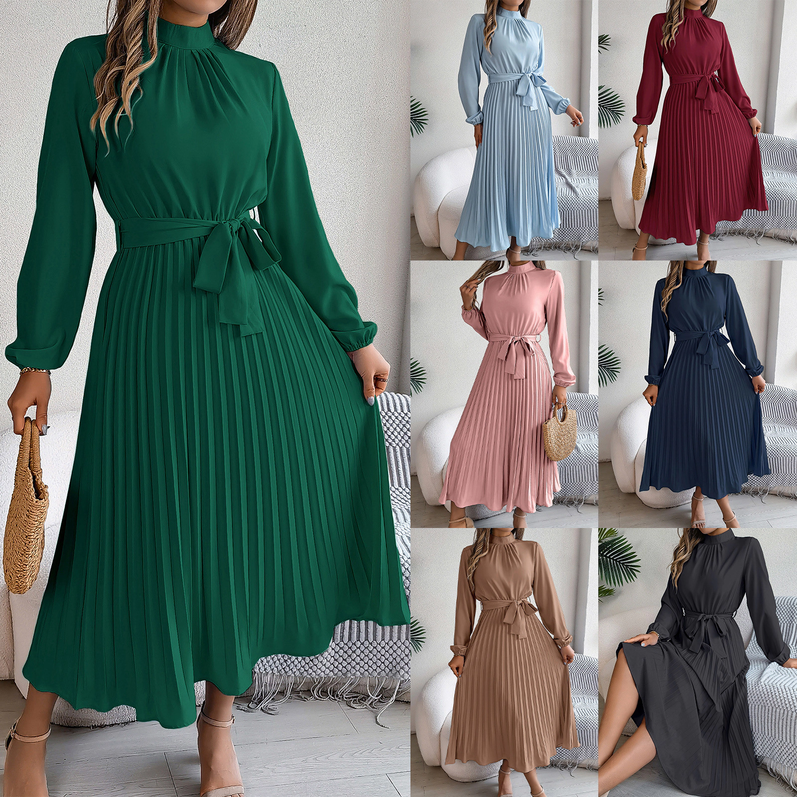 KOJOOIN Women's Pleated Midi Dress Mock Neck Long Sleeve Flowy A‑Line Wedding Guest Formal Dresses
