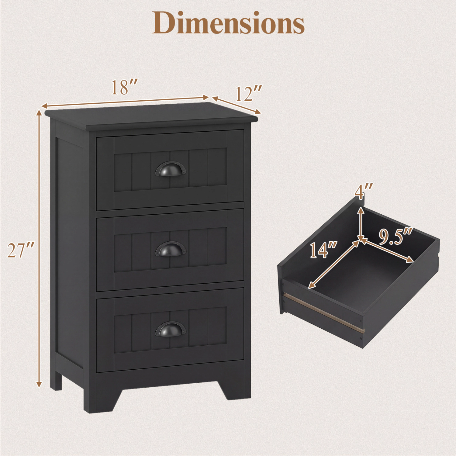 Glintex 3-Drawer Nightstand with 88-Lb Tabletop and Anti-Toppling Device