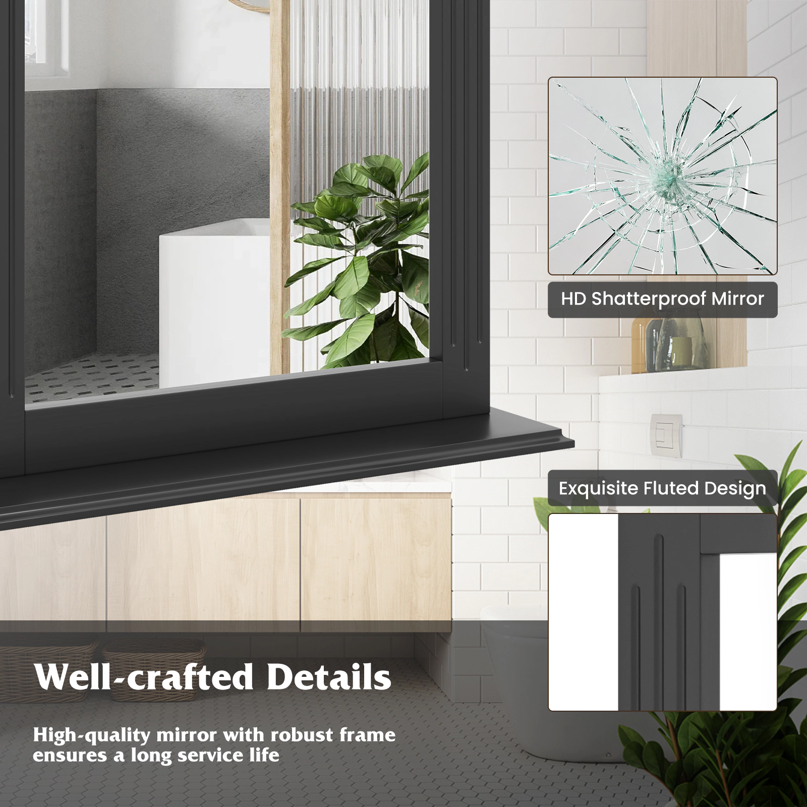 SUGIFT Wall-Mounted Vanity Mirror Black with Storage Shelf for Bathroom