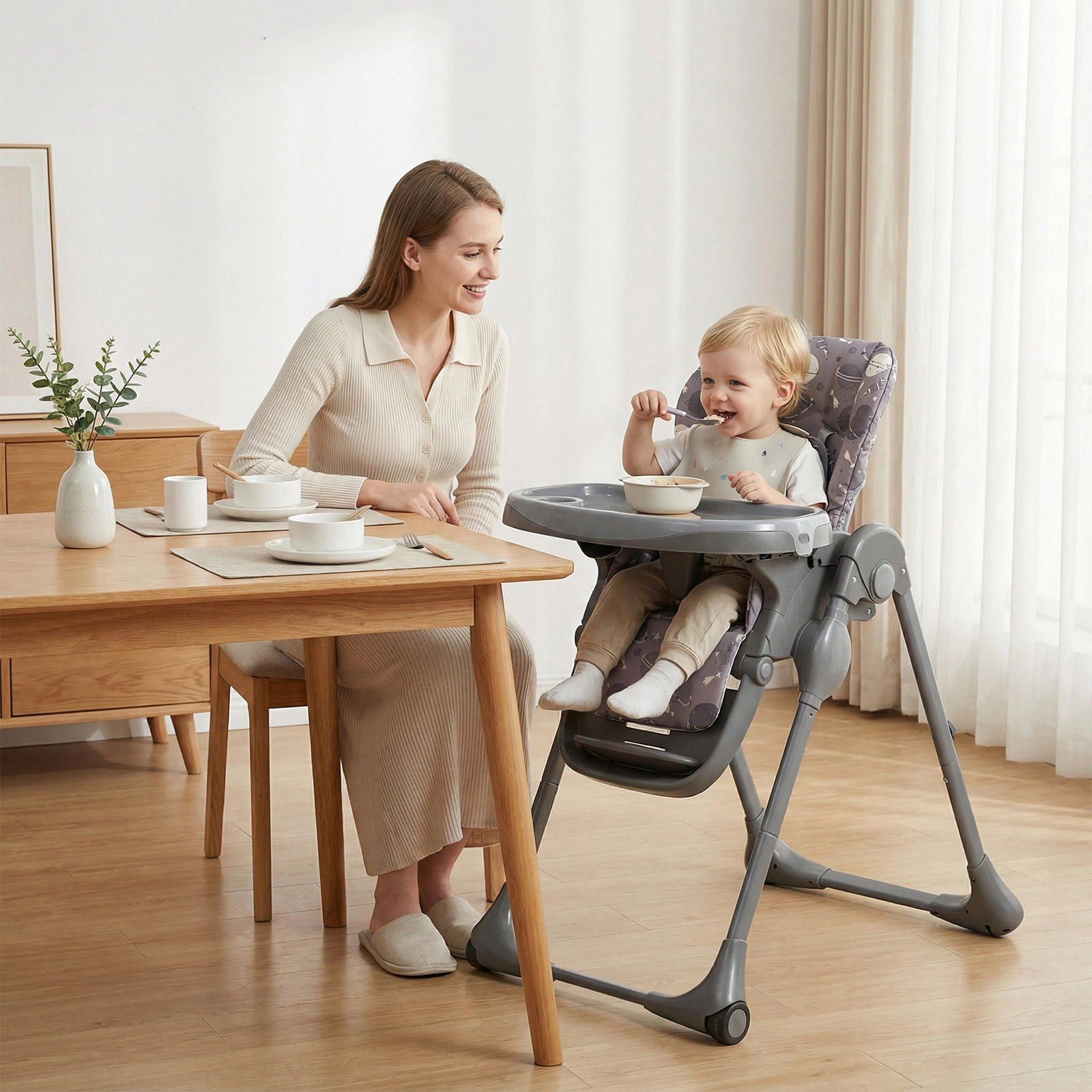 SlickBlue Gray Foldable Baby High Chair with Reclining Backrest and Removable Trays